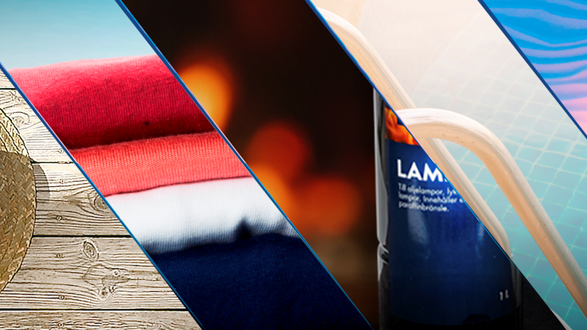 Diagonal collage showing a straw hat on wood, folded clothes, blurry fire, a blue bottle, and an abstract blue pattern.