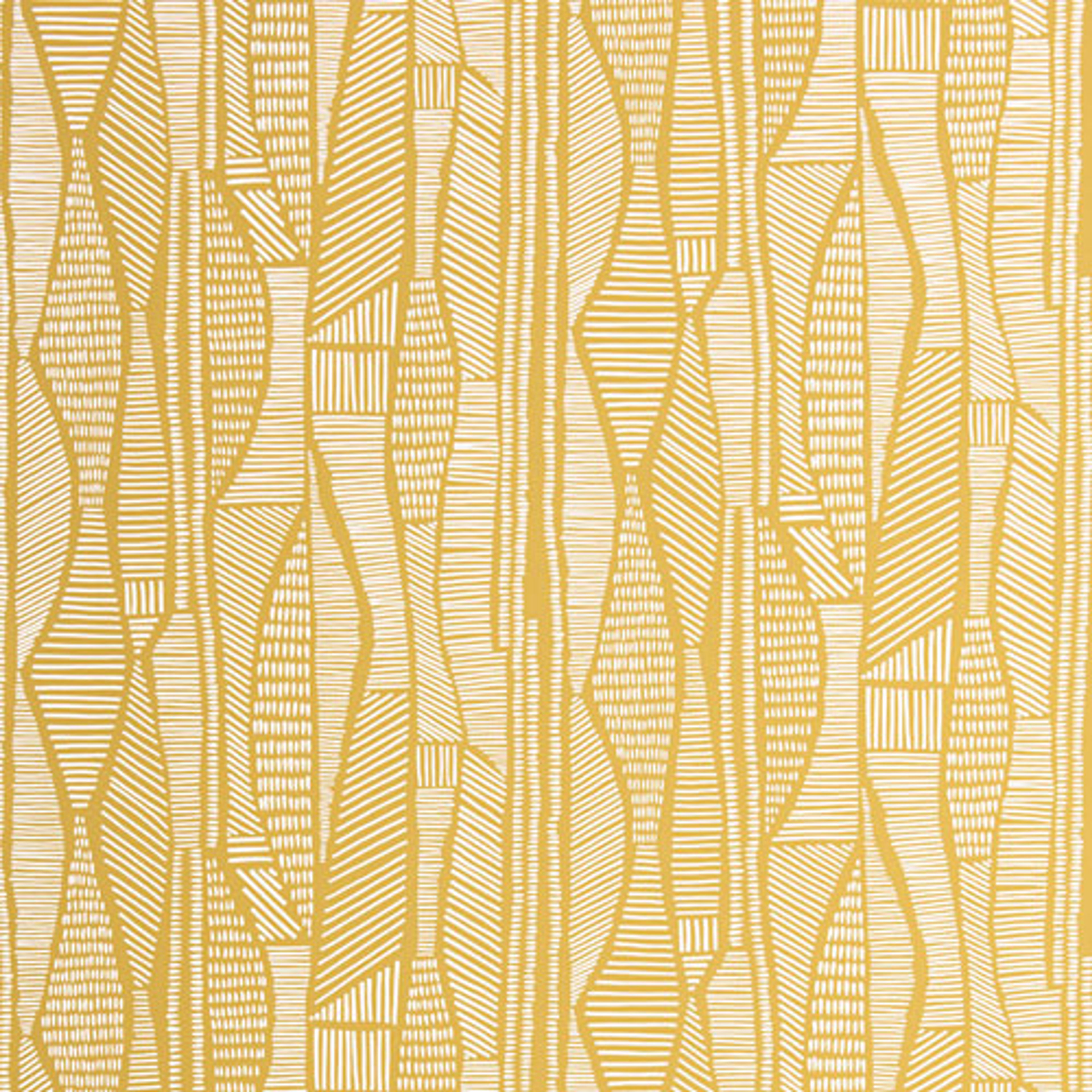 Skylark Springtime tapet från Midbec med abstrakt mönster i gul. Från kollektionen Pioneer. Nonwoven-material med förskjuten passning.