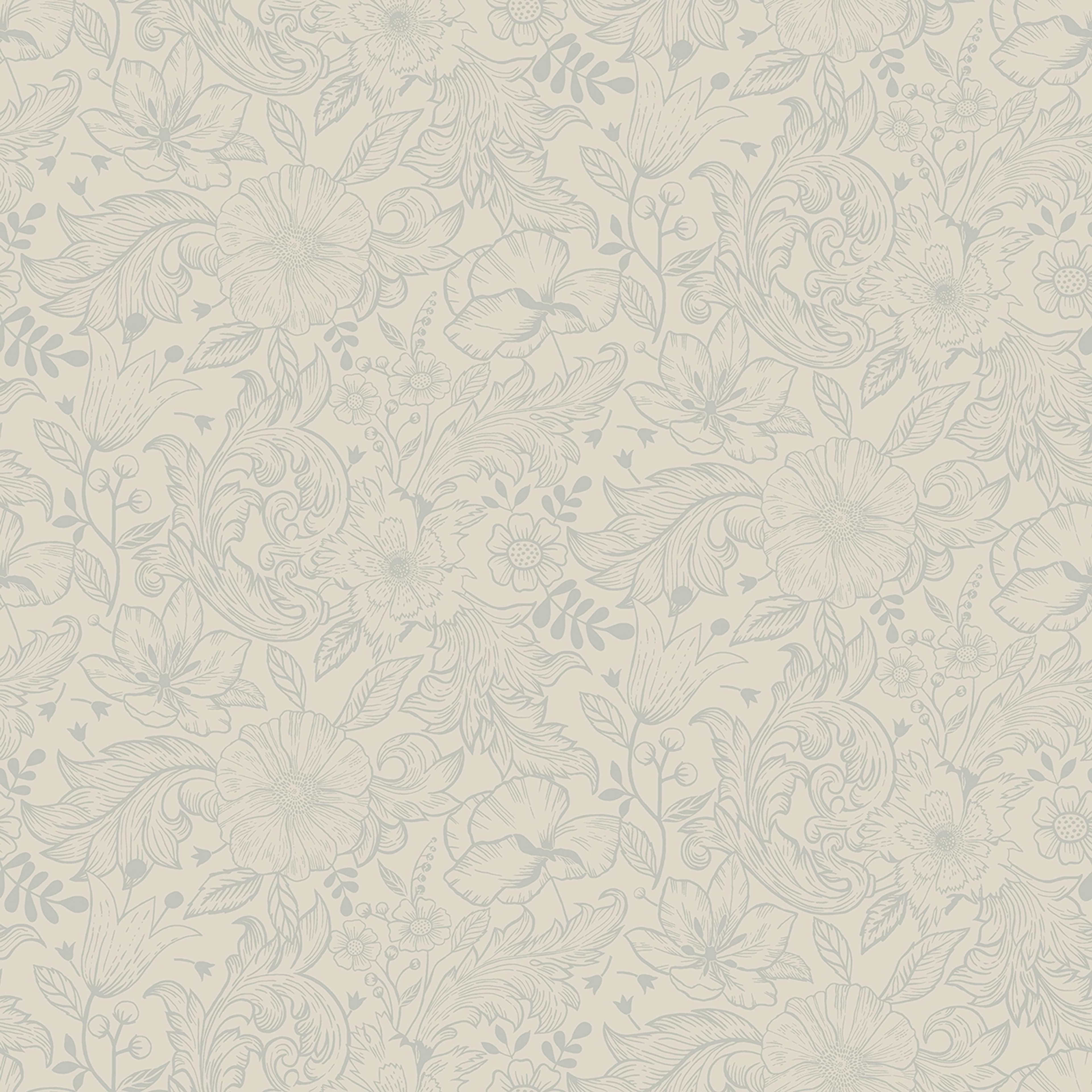 Wilma tapet med blommigt mönster i beige. Från kollektionen Ängås. Nonwoven-material med rak passning.