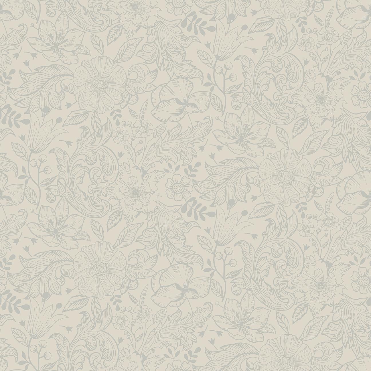 Wilma tapet med blommigt mönster i beige. Från kollektionen Ängås. Nonwoven-material med rak passning.