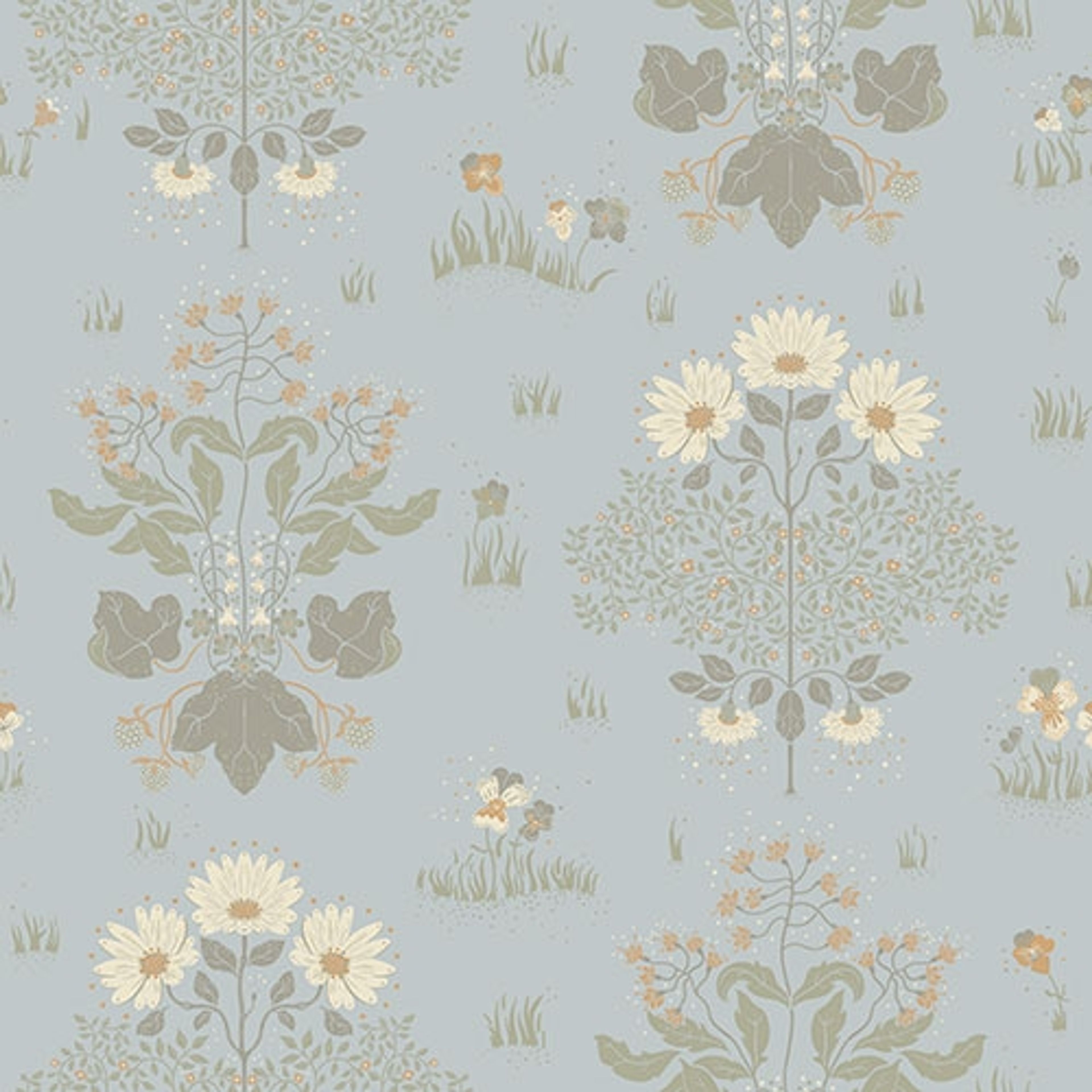 Edla tapet med blommigt mönster i blå. Från kollektionen hjärterum. Nonwoven-material med rak passning.