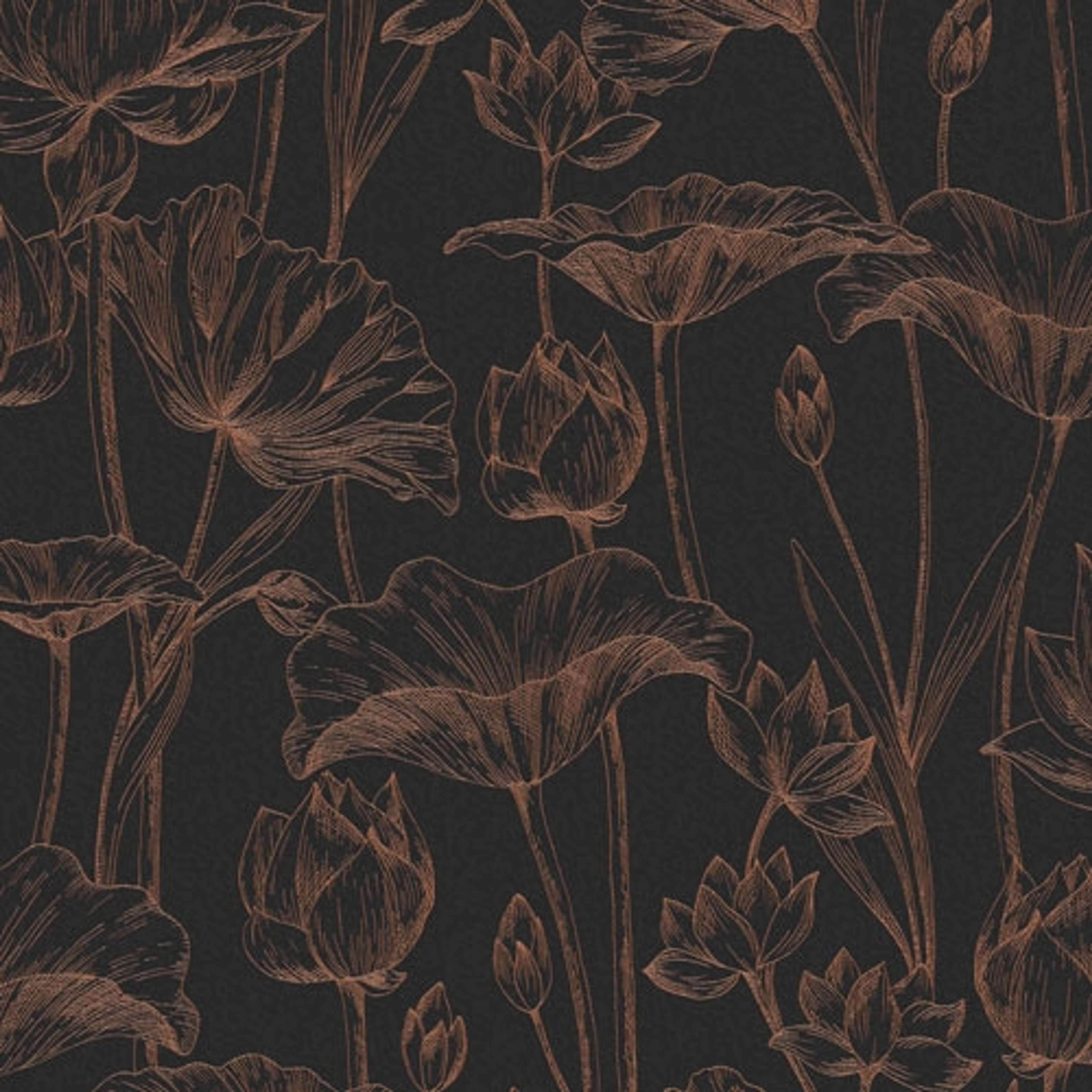 Lotus copper tapet med botaniskt mönster i svart. Från kollektionen lotus. Nonwoven-material med förskjuten passning. Lyx-stil.