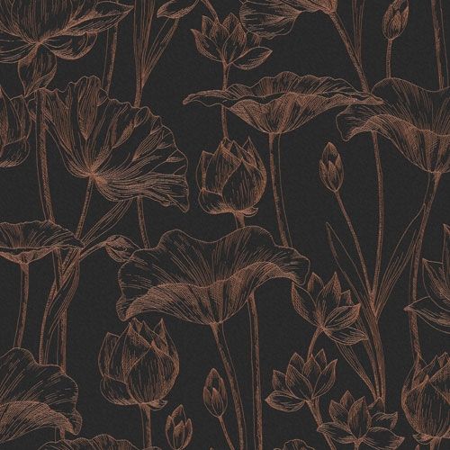 Lotus copper tapet med botaniskt mönster i svart. Från kollektionen lotus. Nonwoven-material med förskjuten passning. Lyx-stil.