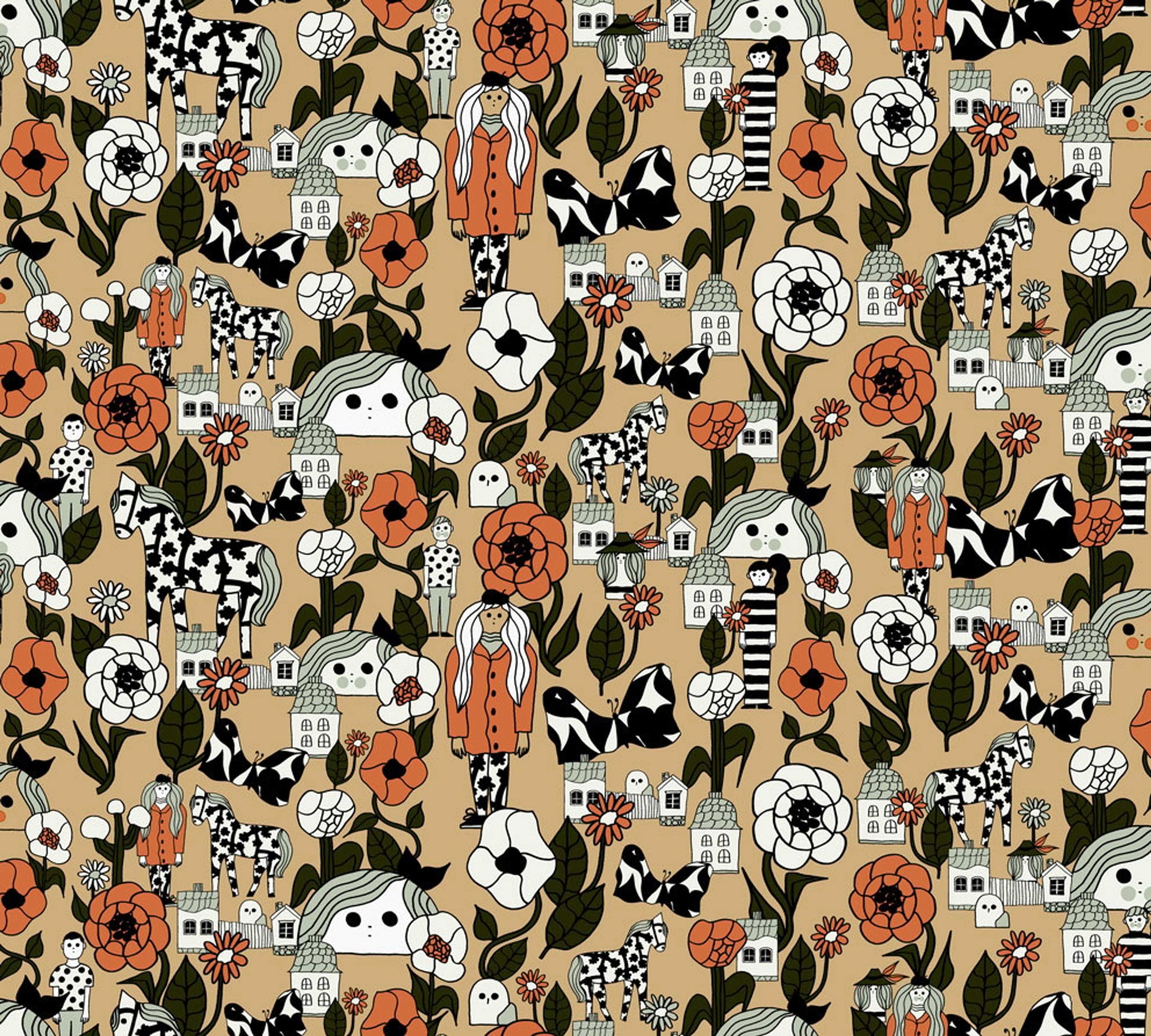 Marikyla tapet med djur mönster i orange. Från kollektionen Marimekko 6. Nonwoven-material med förskjuten passning.