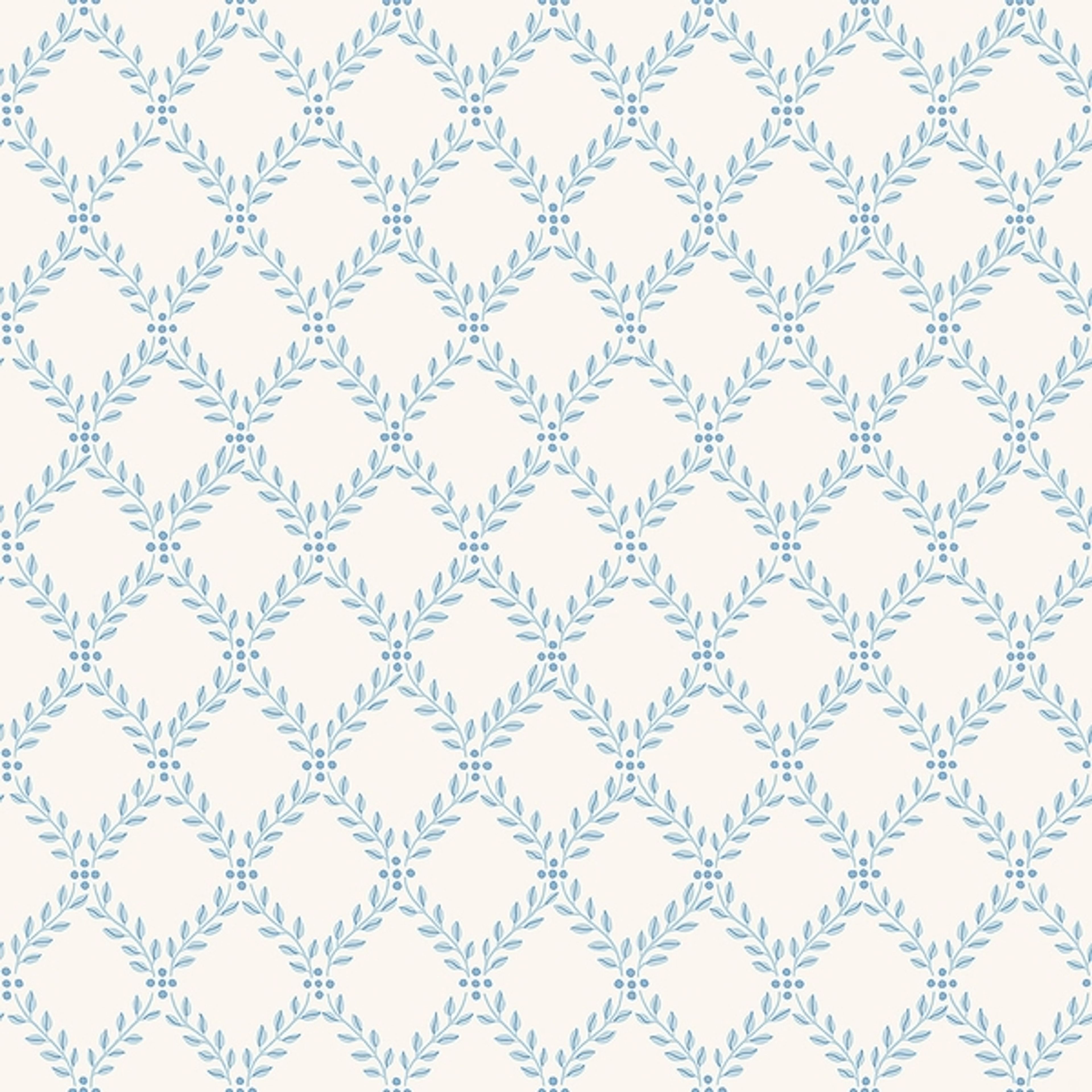 Trellis Leaves, krämvit/blå tapet från Boråstapeter med rutigt, geometriskt, trellis mönster i blå. Från kollektionen Falsterbo III. Nonwoven-material med rak passning.