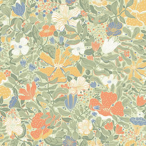 Midsommar tapet med blommigt mönster i grön. Från kollektionen Längtan. Nonwoven-material med förskjuten passning. Passar i barnrum.