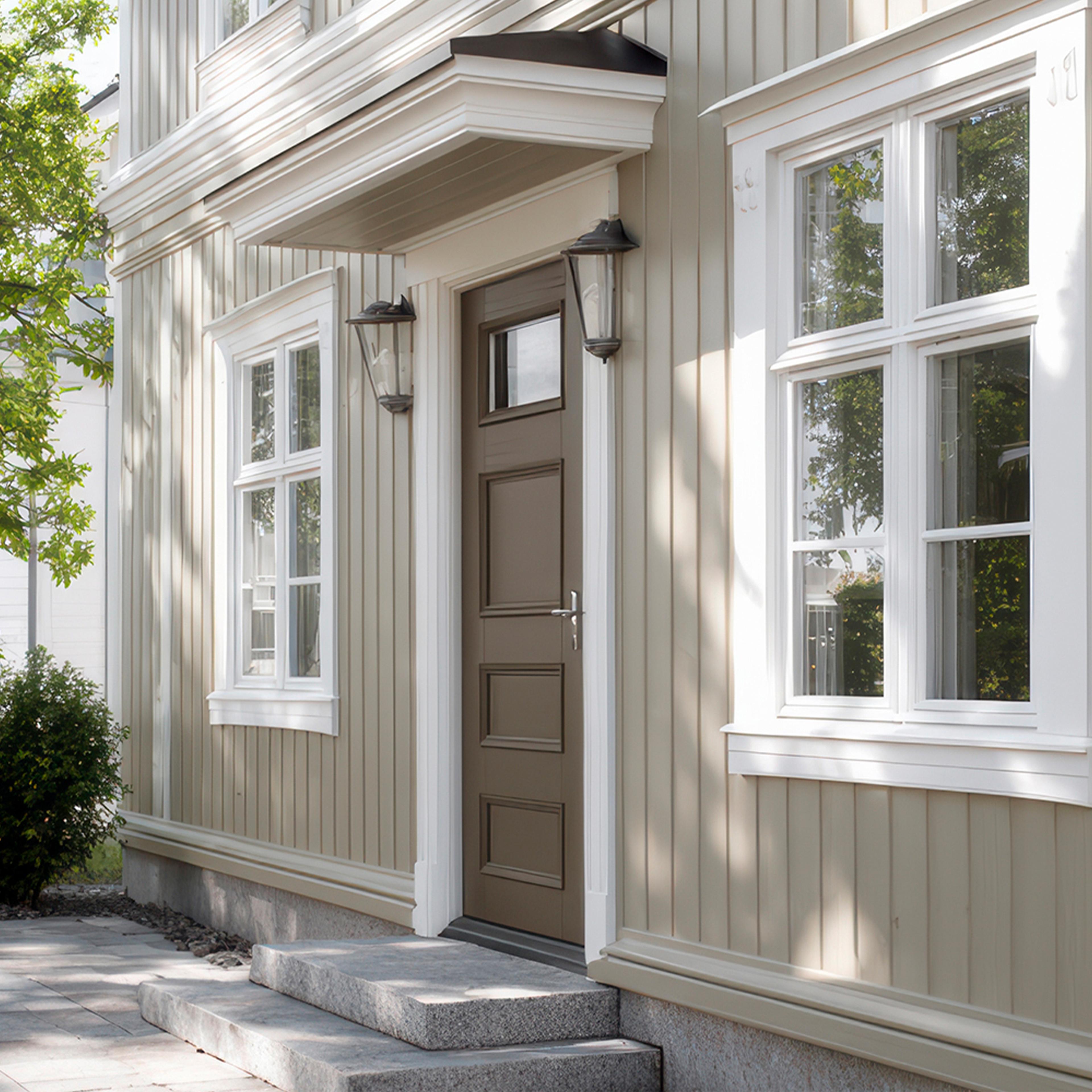 Light beige house exterior with vertical siding, a dark brown paneled door flanked by two lanterns, white trimmed windows, and stone steps.