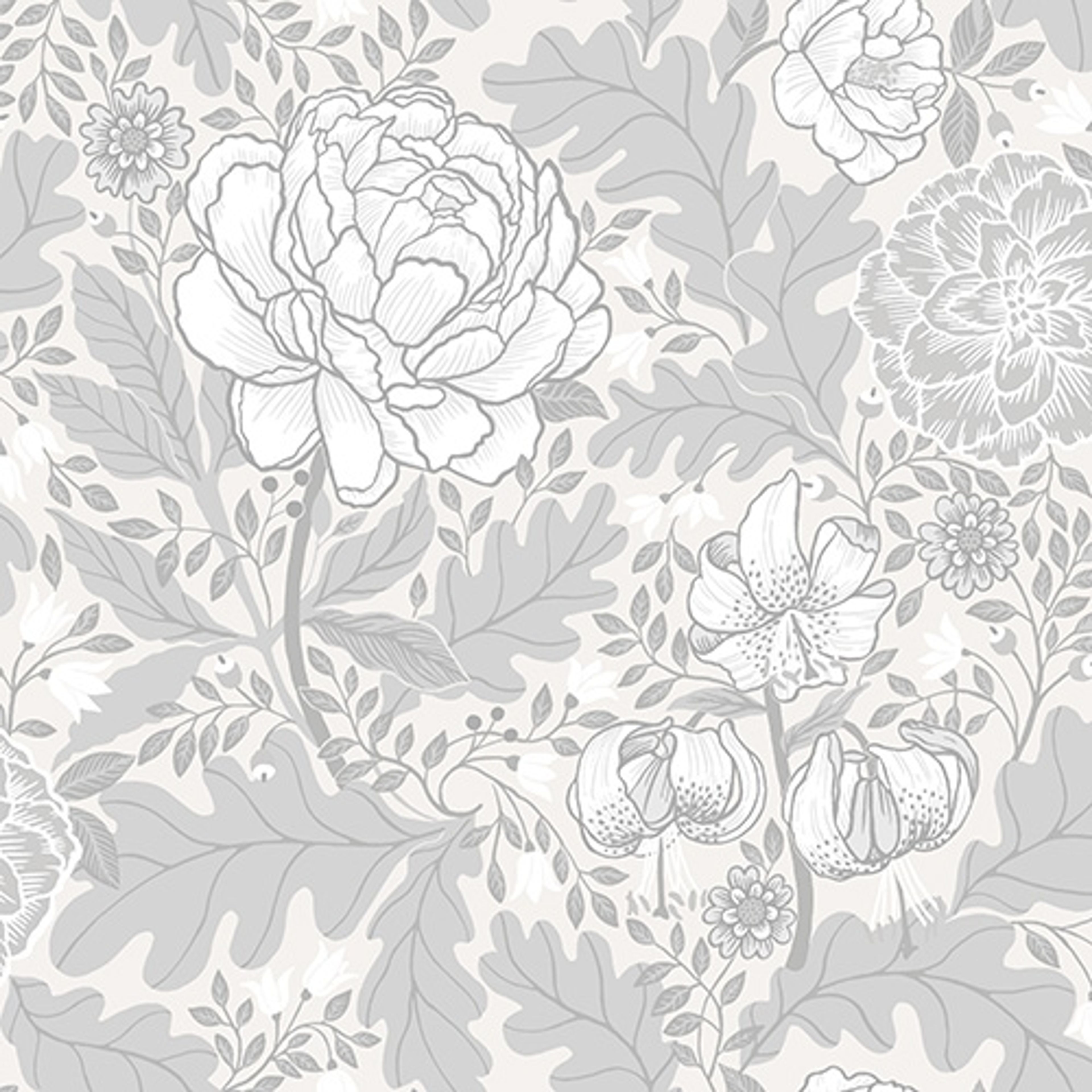 Camille storblommig, ljusgrå tapet från Midbec med blommigt mönster i grå. Från kollektionen Ekbacka. Nonwoven-material med förskjuten passning.