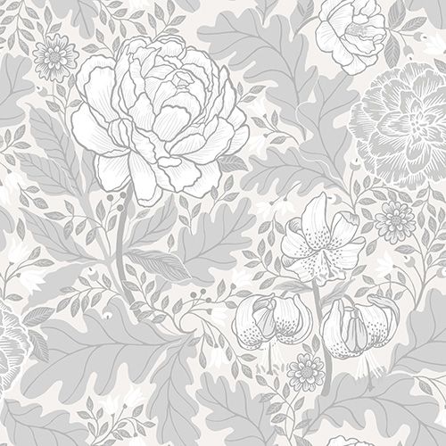 Camille storblommig, ljusgrå tapet från Midbec med blommigt mönster i grå. Från kollektionen Ekbacka. Nonwoven-material med förskjuten passning.
