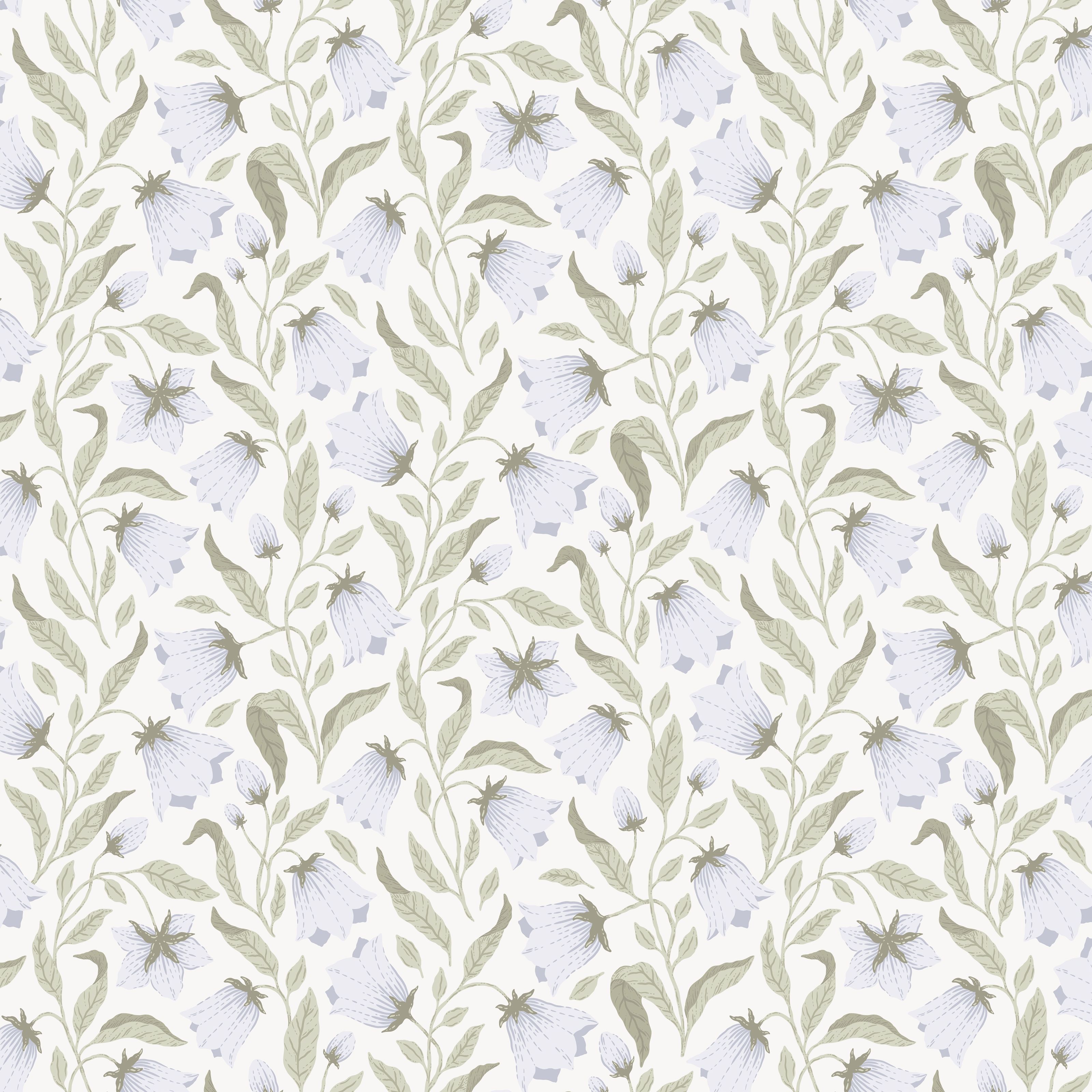 Klara o Tove blåklocka blå, tapet tapet med blommigt mönster i vit. Från kollektionen Klara o Tove. Nonwoven-material med rak passning. Passar i vardagsrum, sovrum och hall.