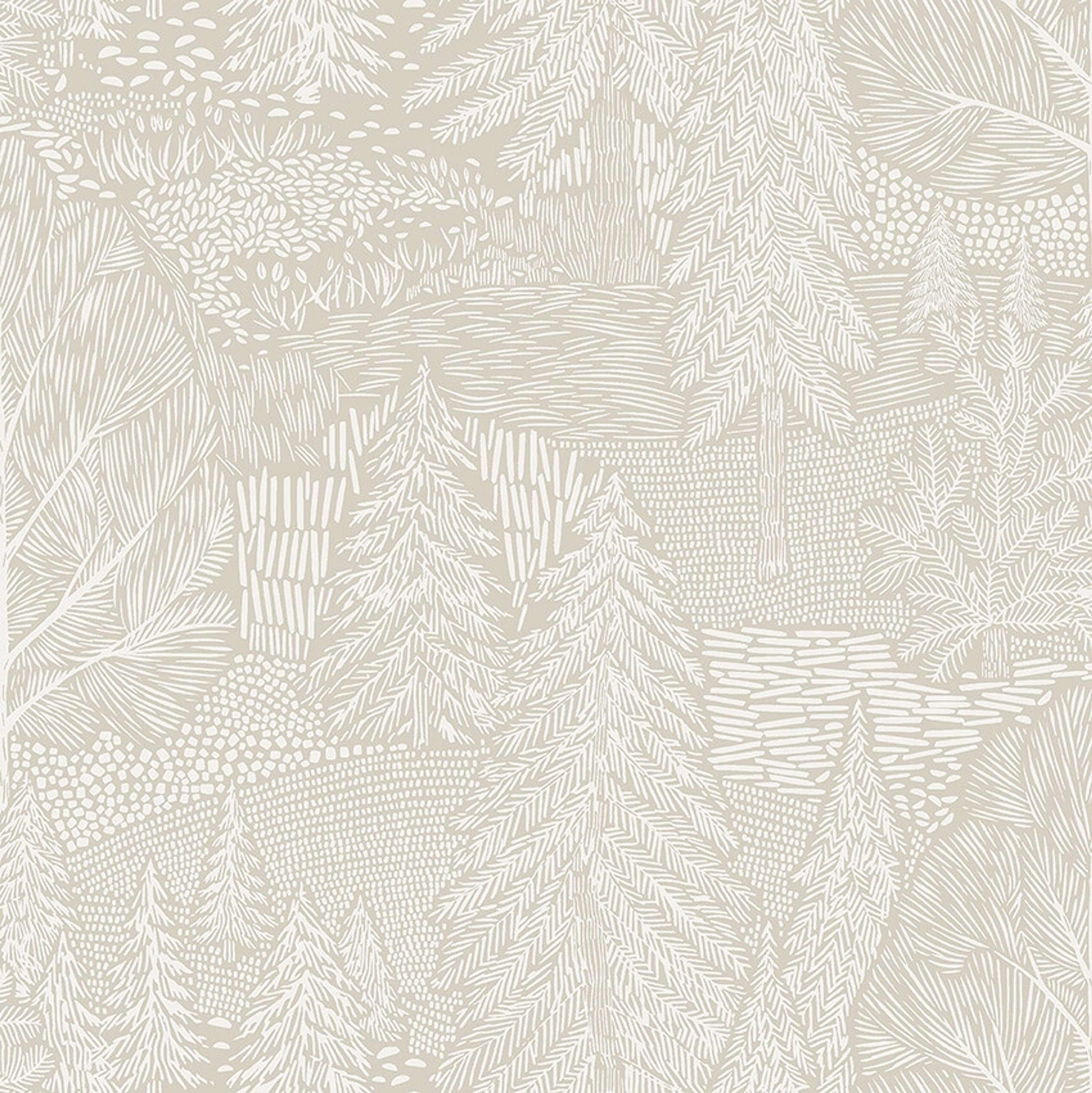 Northern Forest tapet med botaniskt mönster i vit. Från kollektionen Woodland. Nonwoven-material med förskjuten passning.