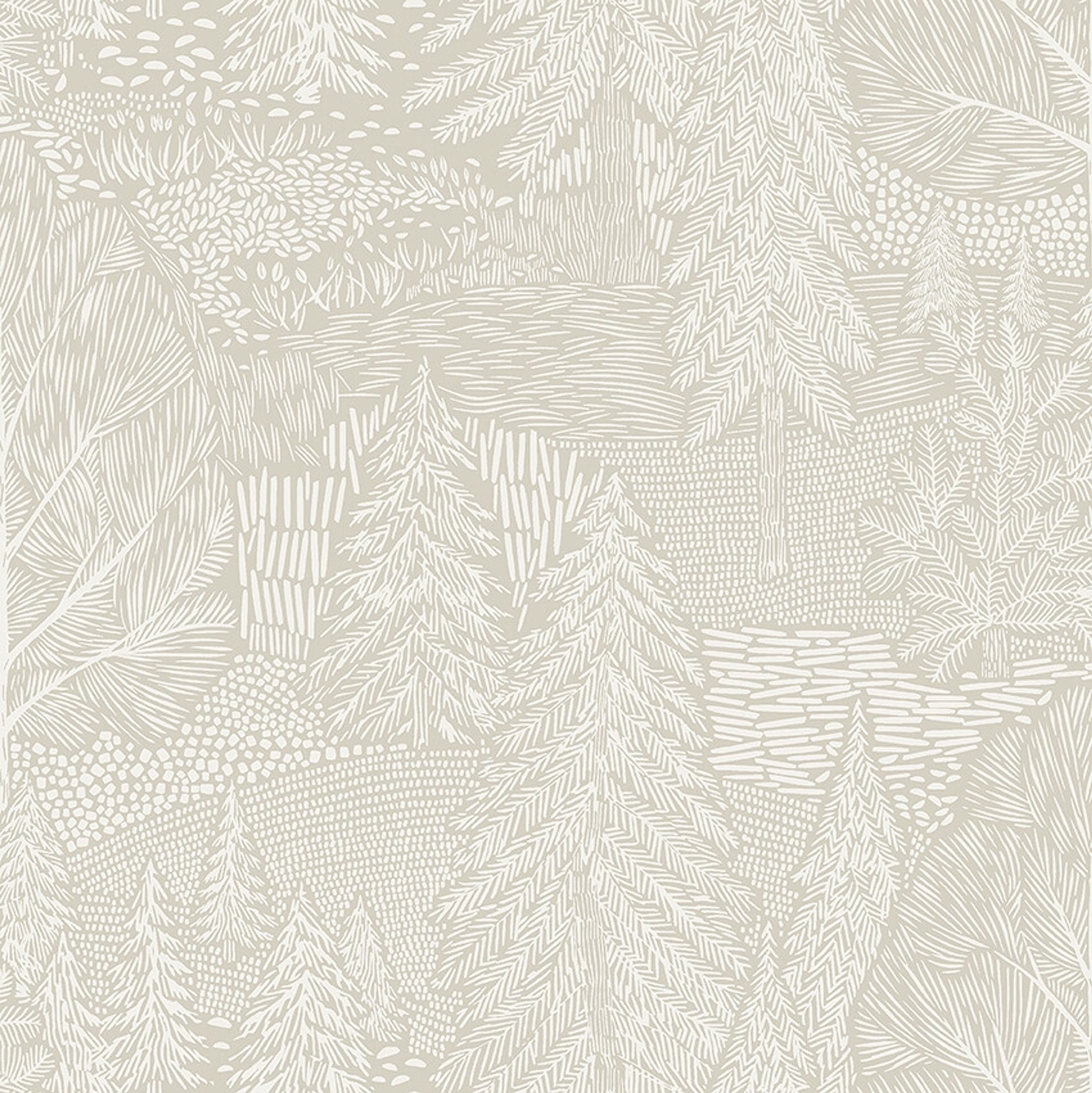 Northern Forest tapet med botaniskt mönster i vit. Från kollektionen Woodland. Nonwoven-material med förskjuten passning.