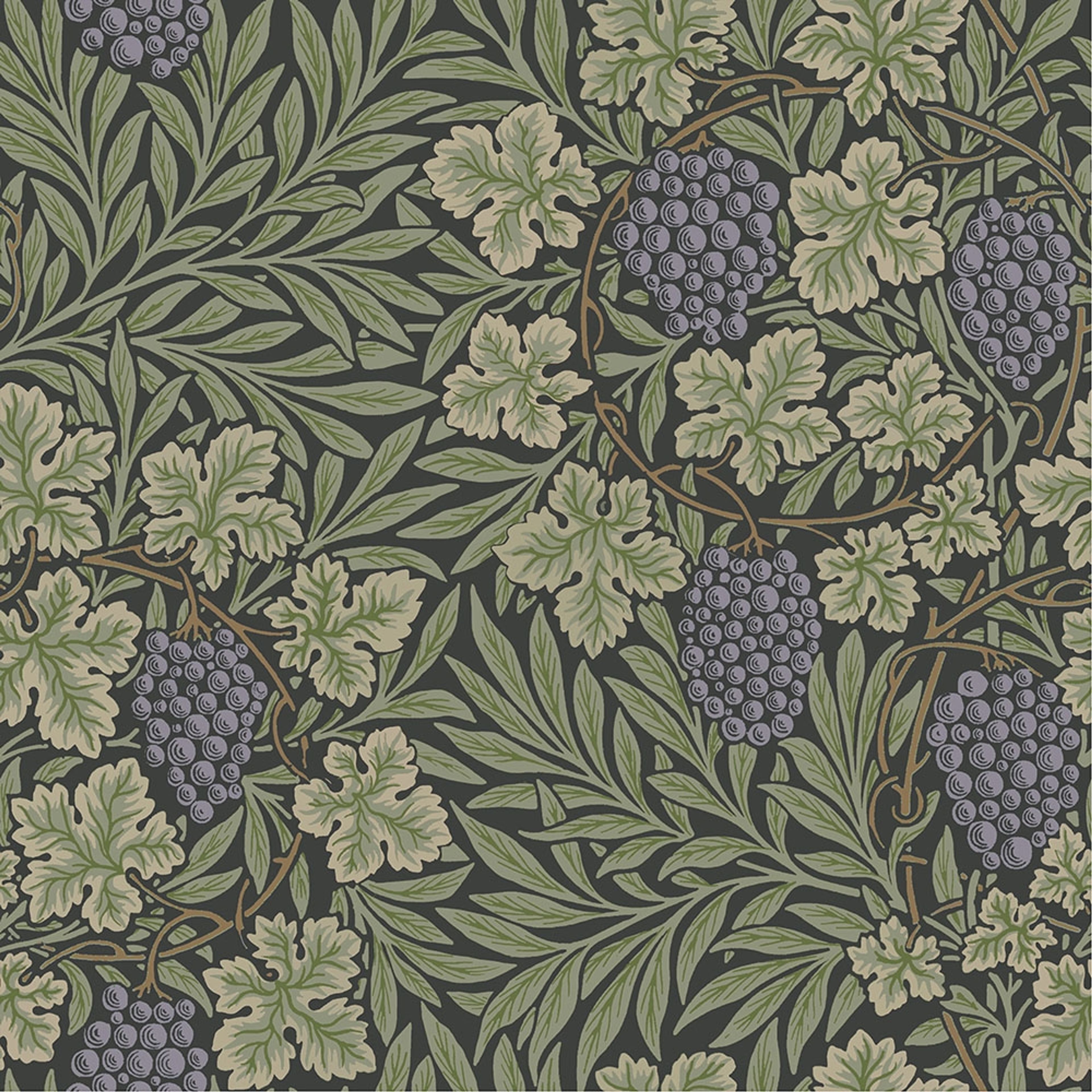 Vine, blå tapet tapet från Midbec med botaniskt, blommigt mönster i svart, grön och blå. Från kollektionen Hidden Treasures vol 1. Nonwoven-material med rak passning.