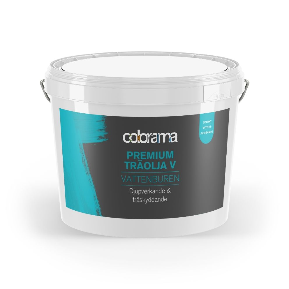 White Colorama Premium Wood Oil V bucket with a black and teal label, stating "VATTENBUREN" (water-based).