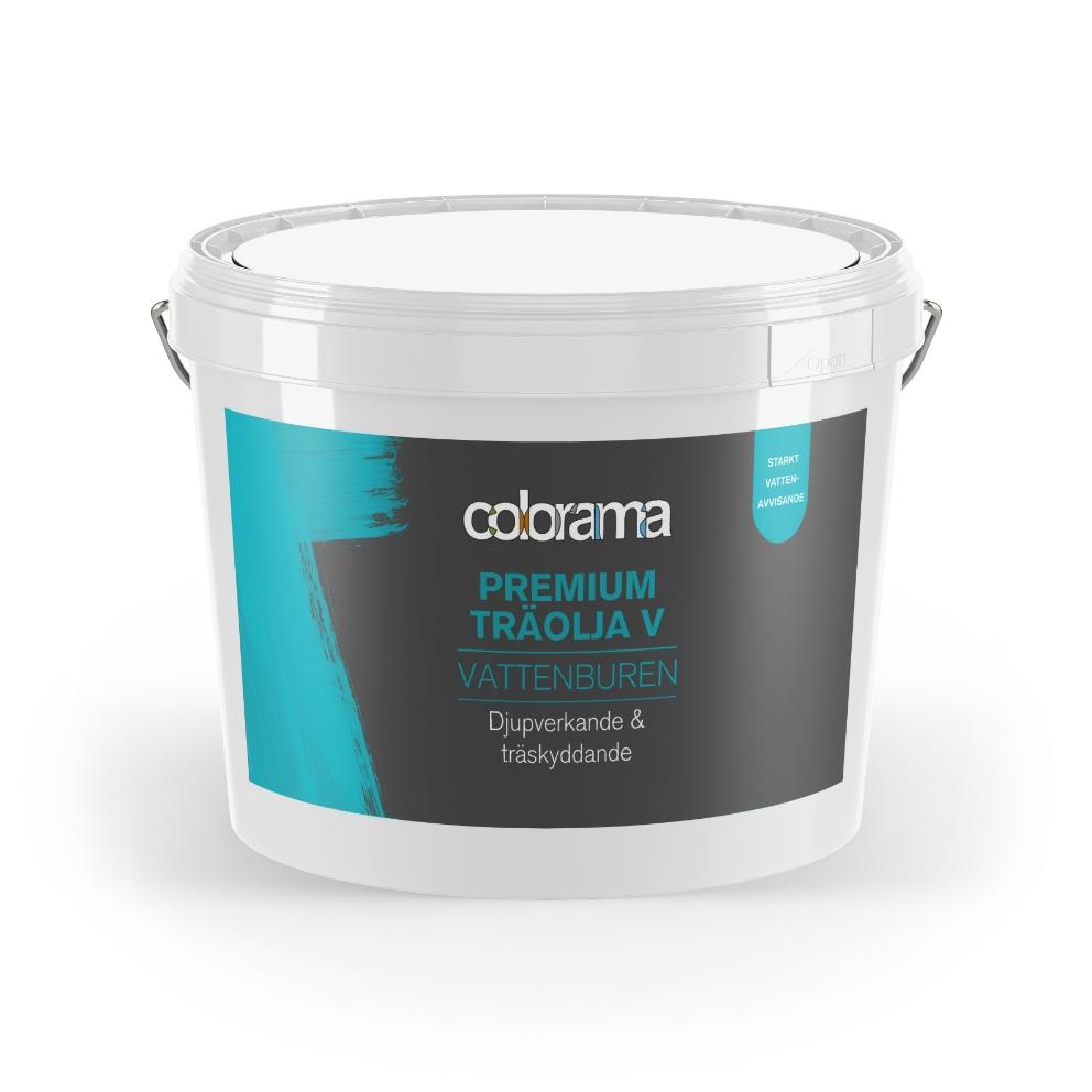 White Colorama Premium Wood Oil V bucket with a black and teal label, stating "VATTENBUREN" (water-based).