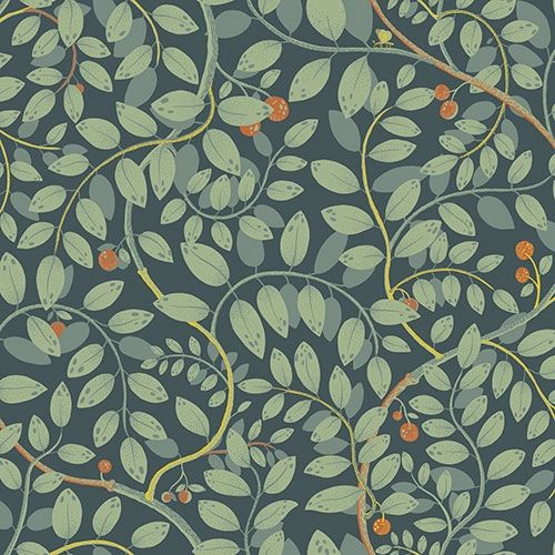 Kirke blad och bär, blågrön tapet med botaniskt mönster i blå. Från kollektionen Lina 2. Nonwoven-material med förskjuten passning.