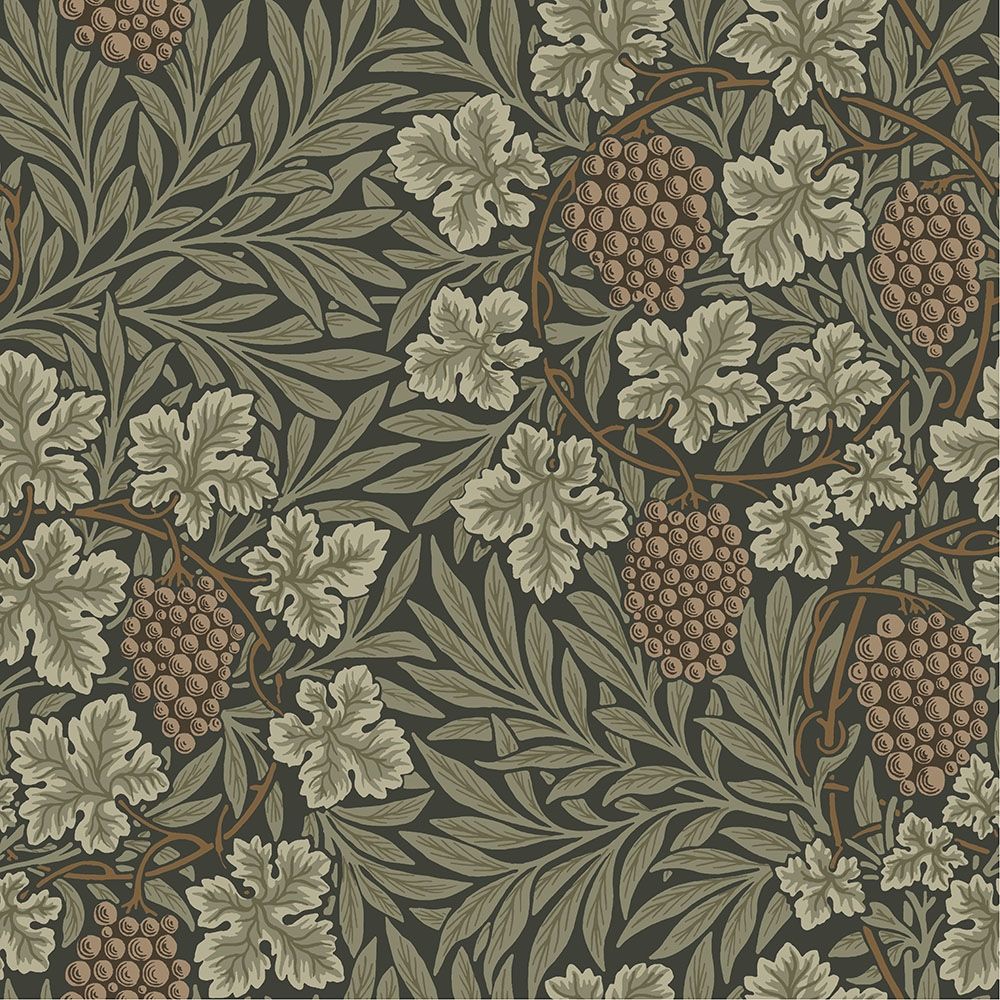 Vine, brun tapet tapet från Midbec med botaniskt, blommigt mönster i svart, grön och brun. Från kollektionen Hidden Treasures vol 1. Nonwoven-material med rak passning.