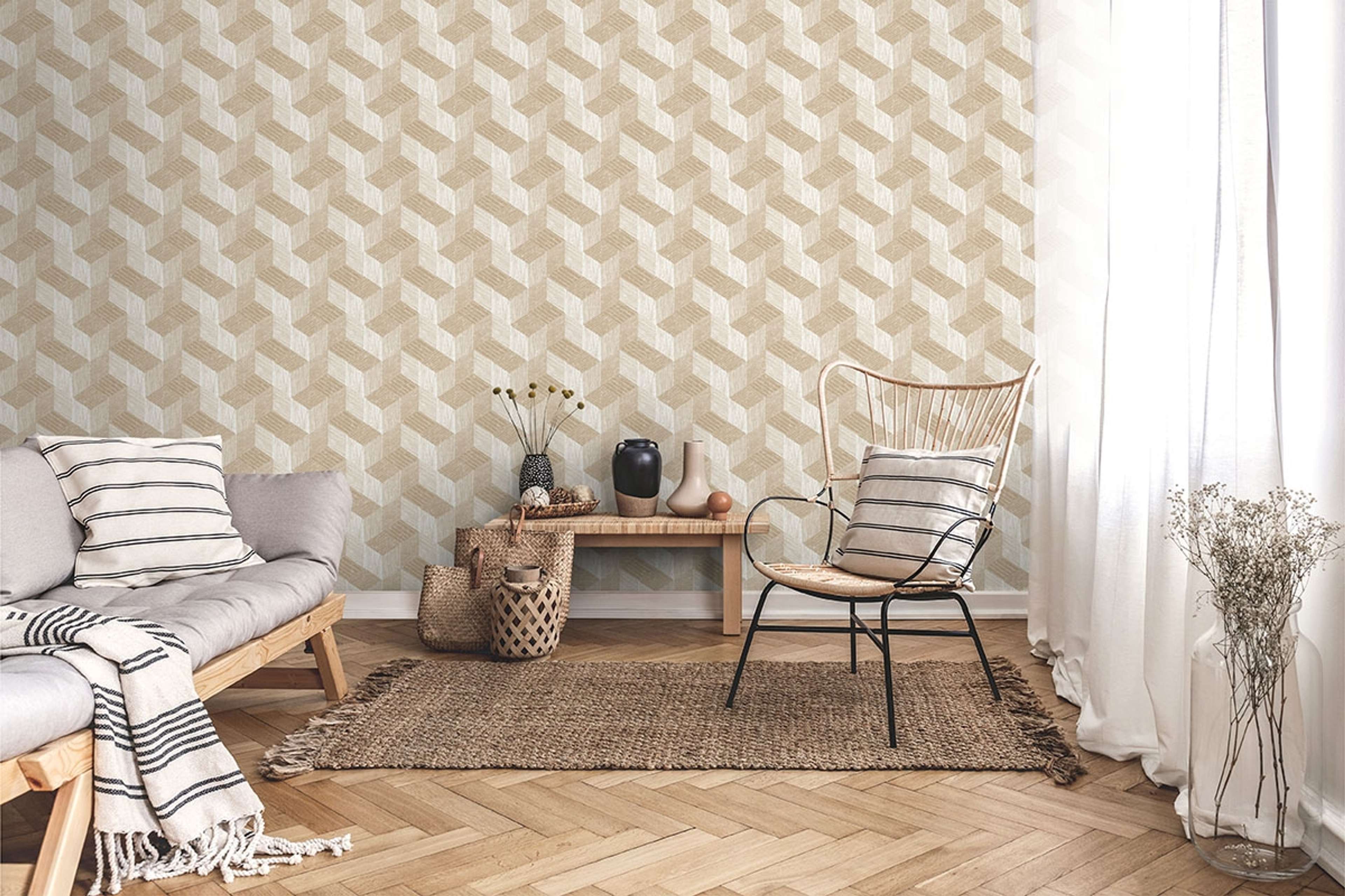 Freno tapet i beige tapet med grafiskt mönster i beige. Från kollektionen jungle fever. Nonwoven-material med rak passning. Passar i vardagsrum och matsal.