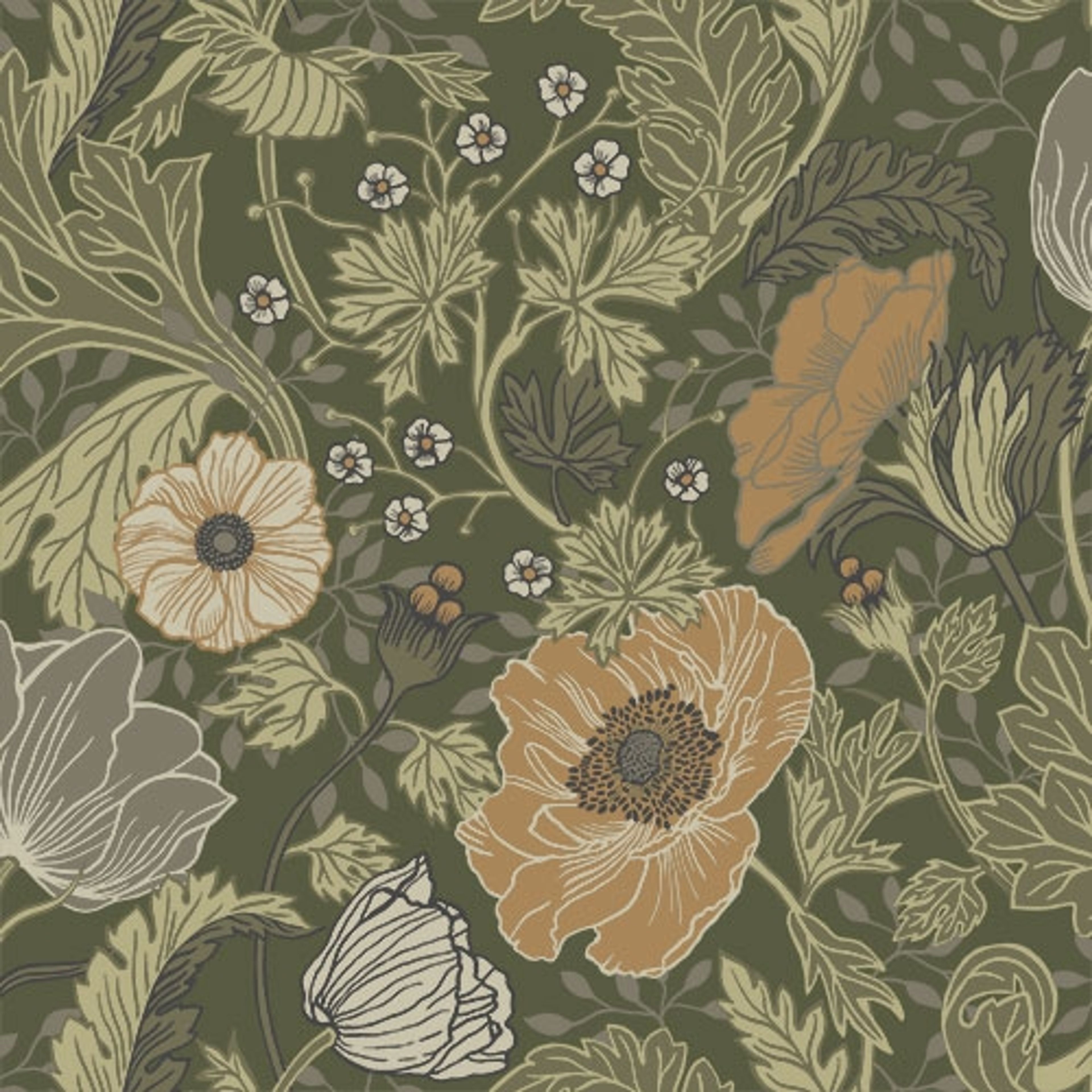 Anemone storblommig, grön tapet med blommigt mönster i grön. Från kollektionen Grönhaga. Nonwoven-material med förskjuten passning. Country-stil. Passar i barnrum.