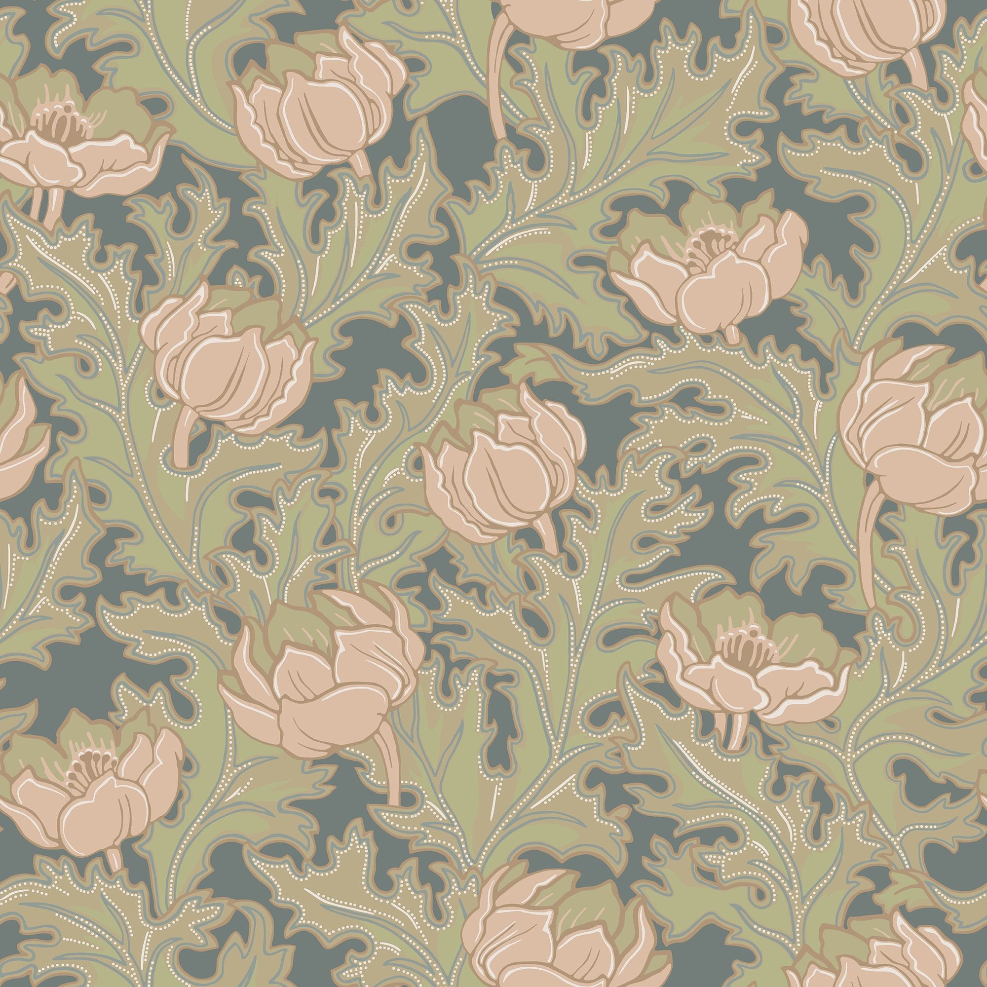 Sigrid Rosagrön tapet med botaniskt mönster i grön. Från kollektionen Gammalsvenska klassiker 1850–1950. Nonwoven-material med rak passning. Country-stil.