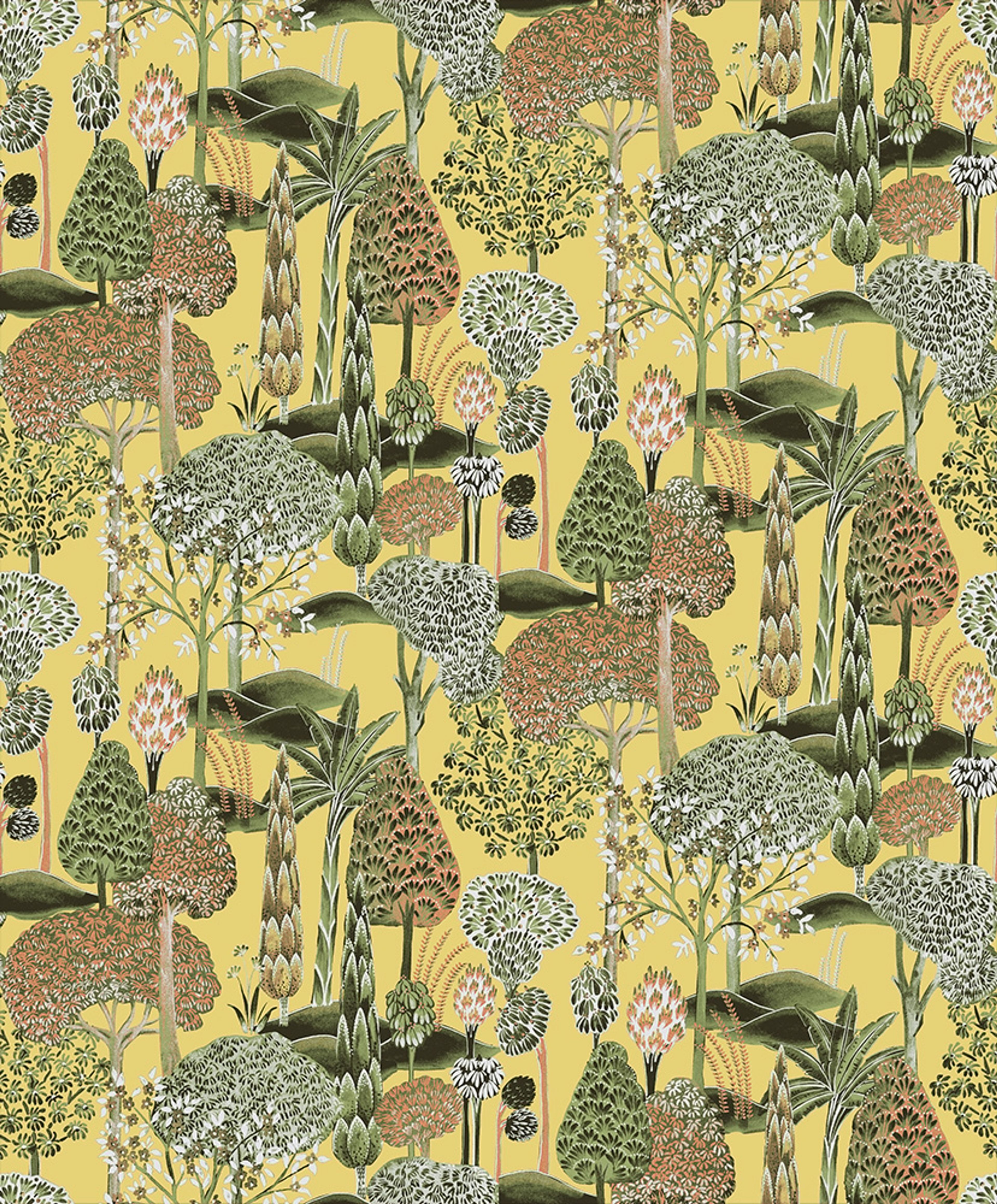 Viray Oasis tapet med botaniskt mönster i gul. Från kollektionen Summer. Nonwoven-material med rak passning.