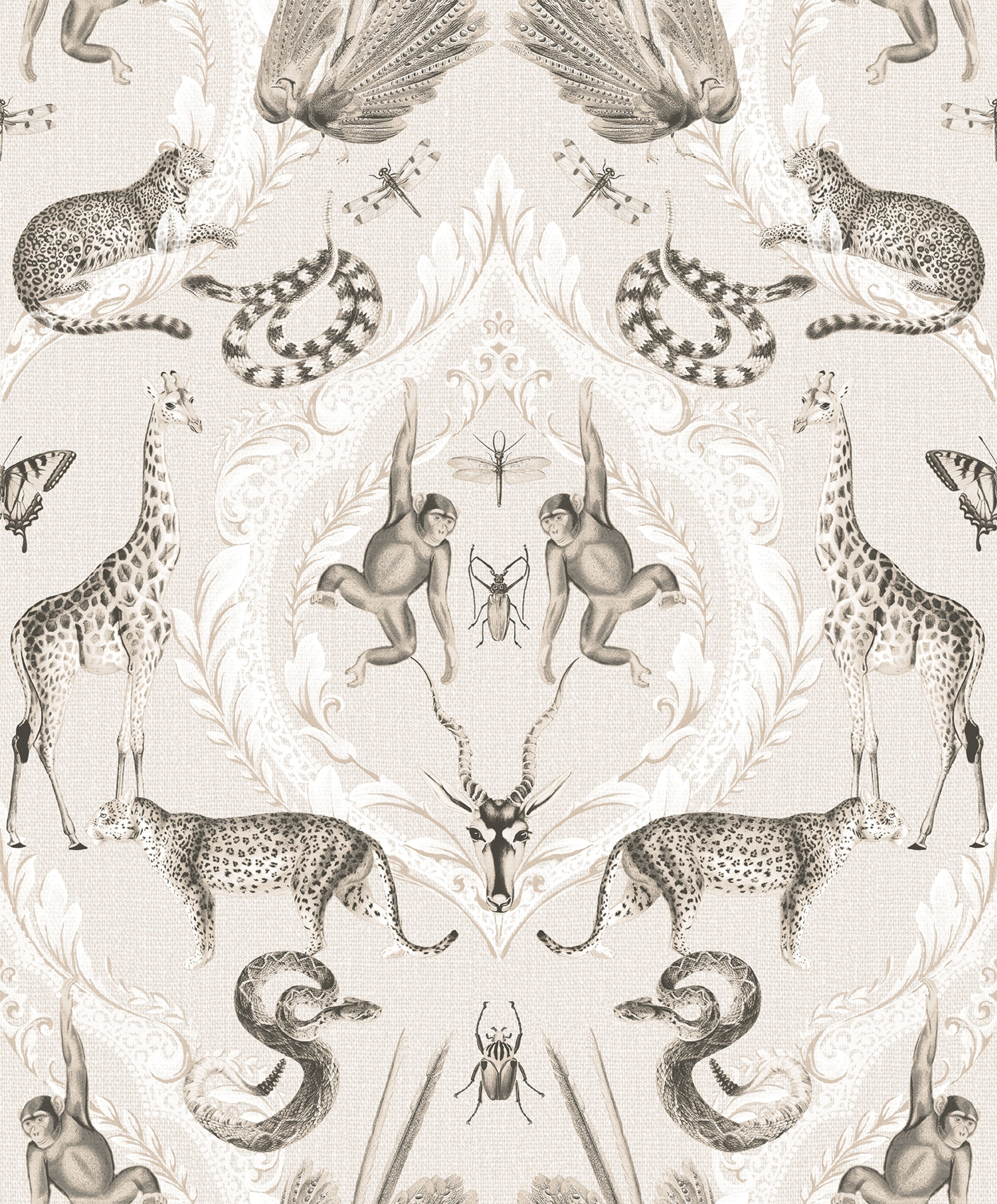 Menagerie tapet i beige tapet med djur mönster i beige. Från kollektionen bazaar. Nonwoven-material med rak passning. Passar i vardagsrum och matsal.