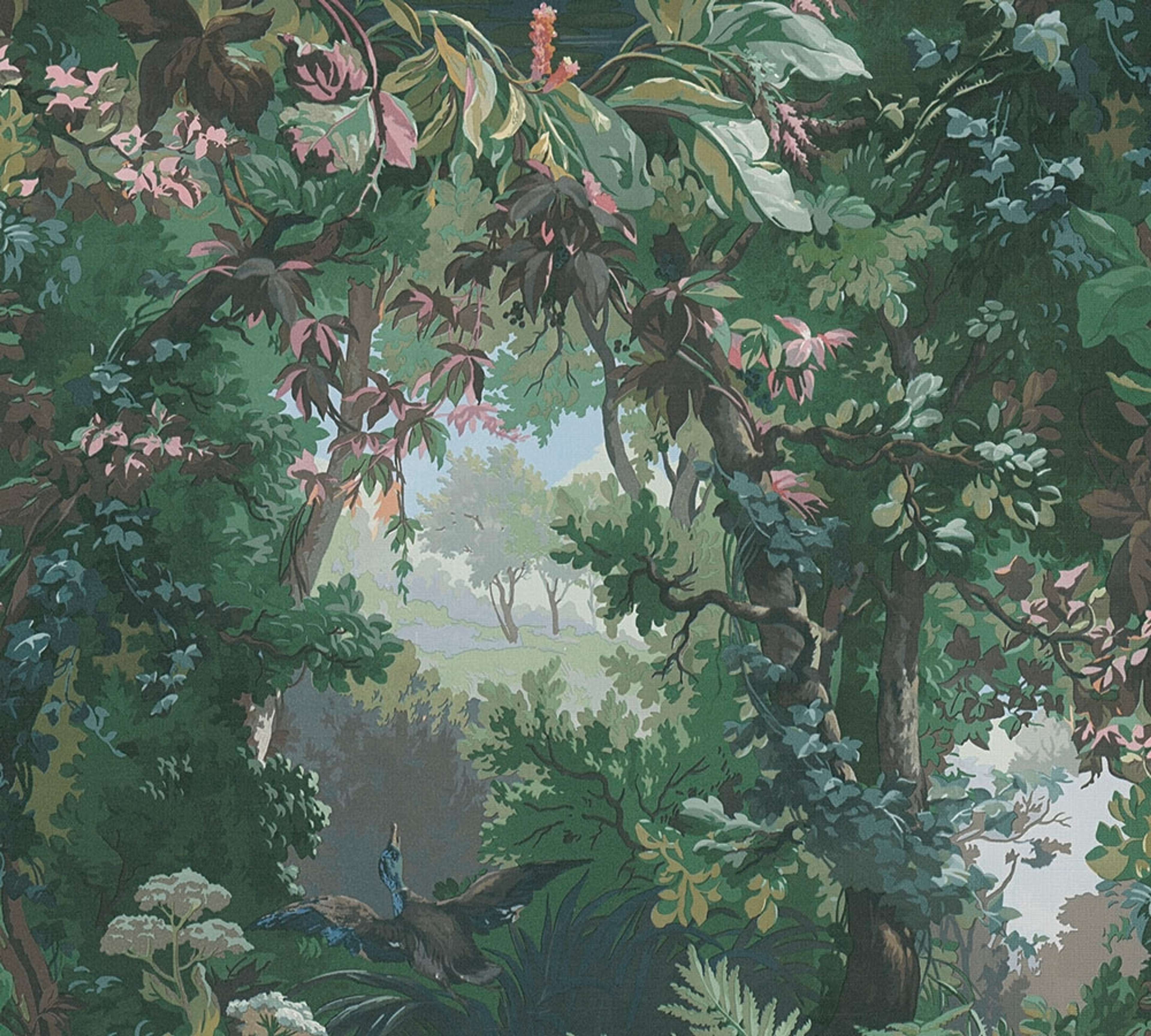 Jungle, strukturtapet i grön tapet med djur mönster i grön. Från kollektionen history of art. Nonwoven-material med förskjuten passning. Passar i vardagsrum och matsal.