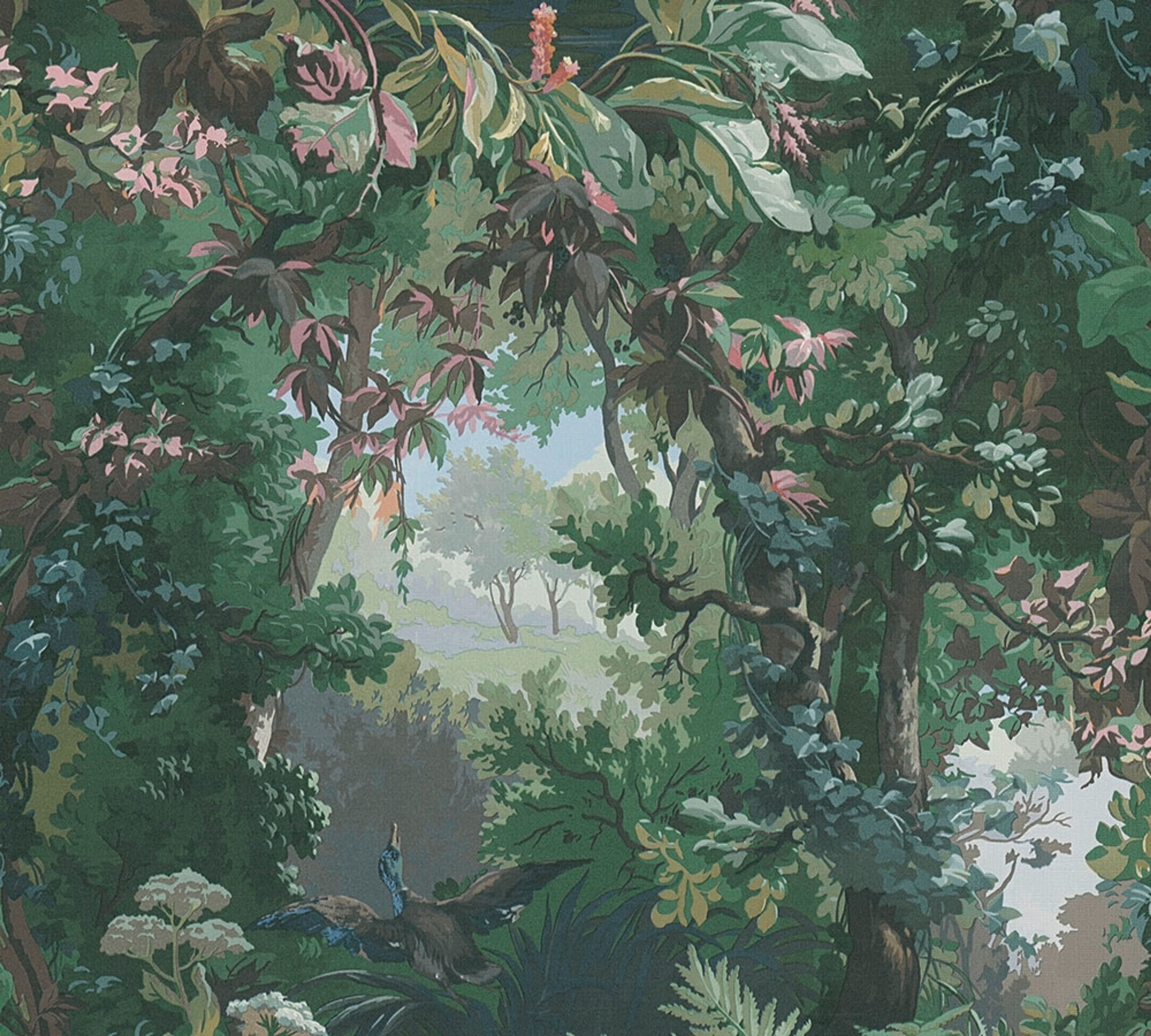 Jungle, strukturtapet i grön tapet med djur mönster i grön. Från kollektionen history of art. Nonwoven-material med förskjuten passning. Passar i vardagsrum och matsal.