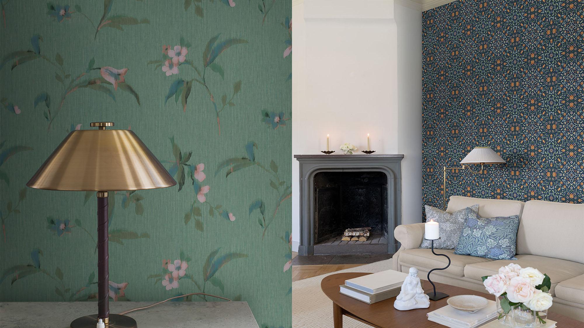 Two interior scenes: a close-up of green floral wallpaper with a brass lamp, and a living room with dark blue geometric wallpaper.