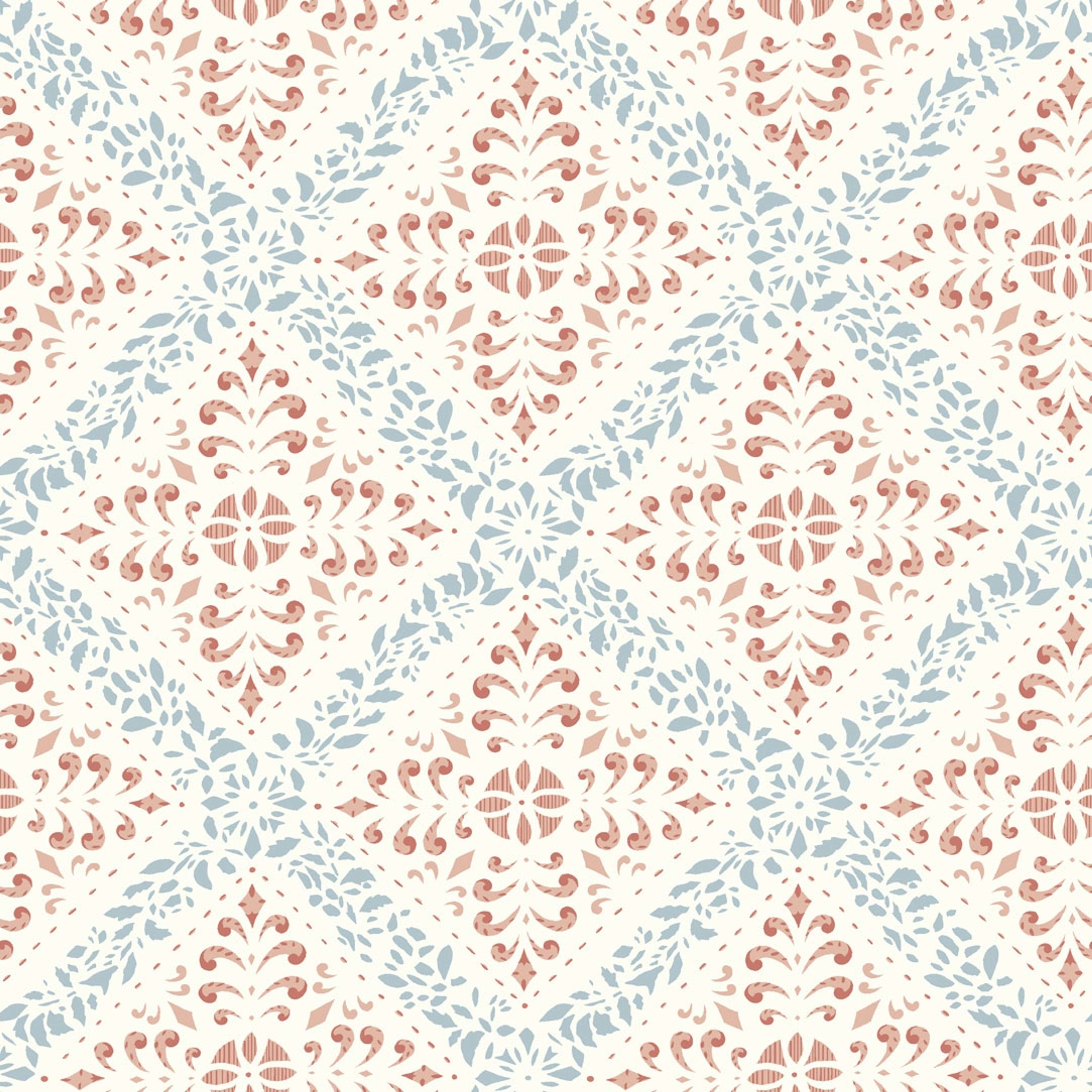 Nyborg tapet från Boråstapeter med geometriskt, blommigt mönster i rosa och blå. Från kollektionen anno. Nonwoven-material med rak passning. Country-stil. Passar i sovrum och matsal.