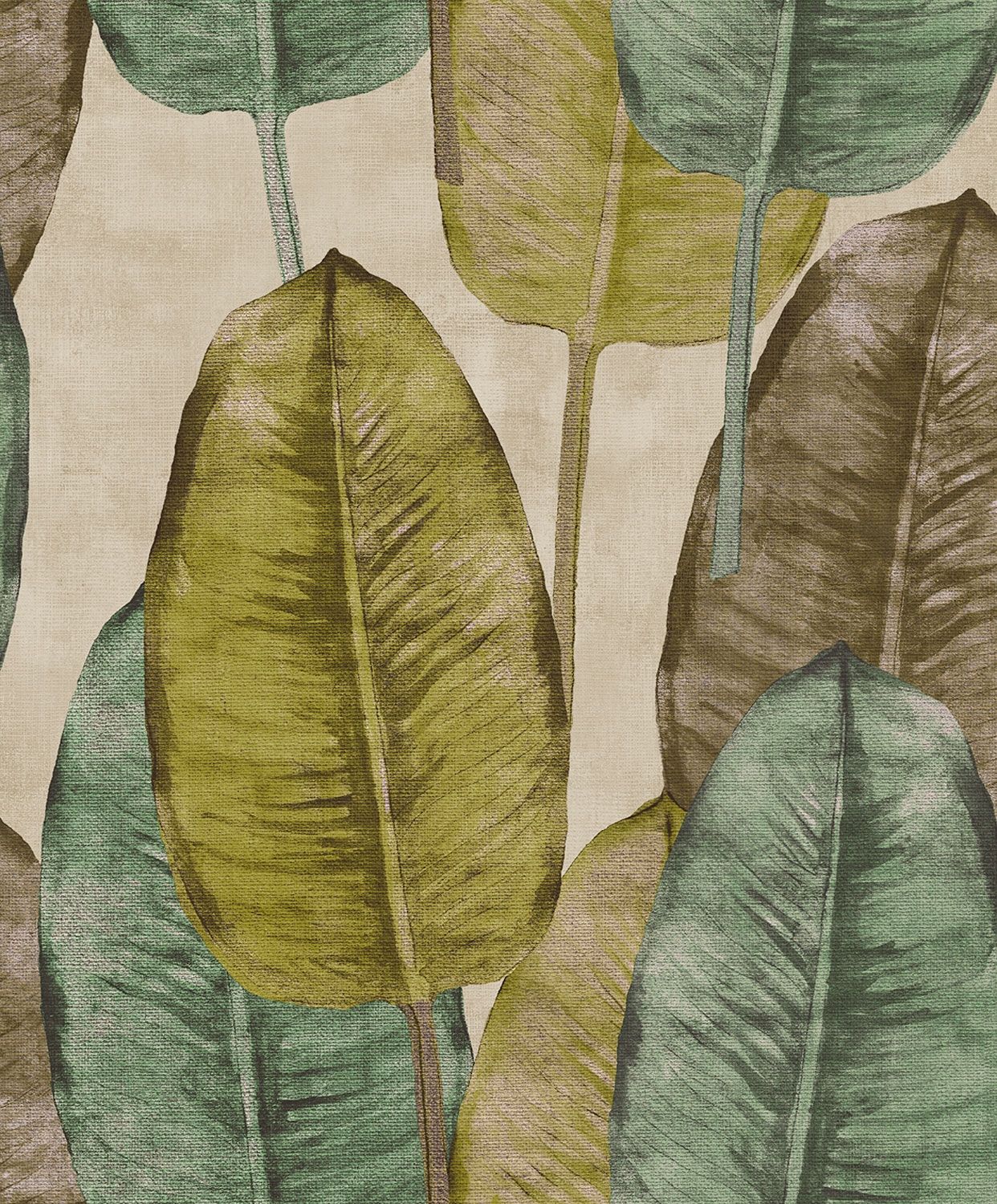 Rubber Tree tapet med botaniskt mönster i grön och beige. Från kollektionen Tahiti. Nonwoven-material med förskjuten passning. Lyx-stil. Passar i vardagsrum, matsal och hall.
