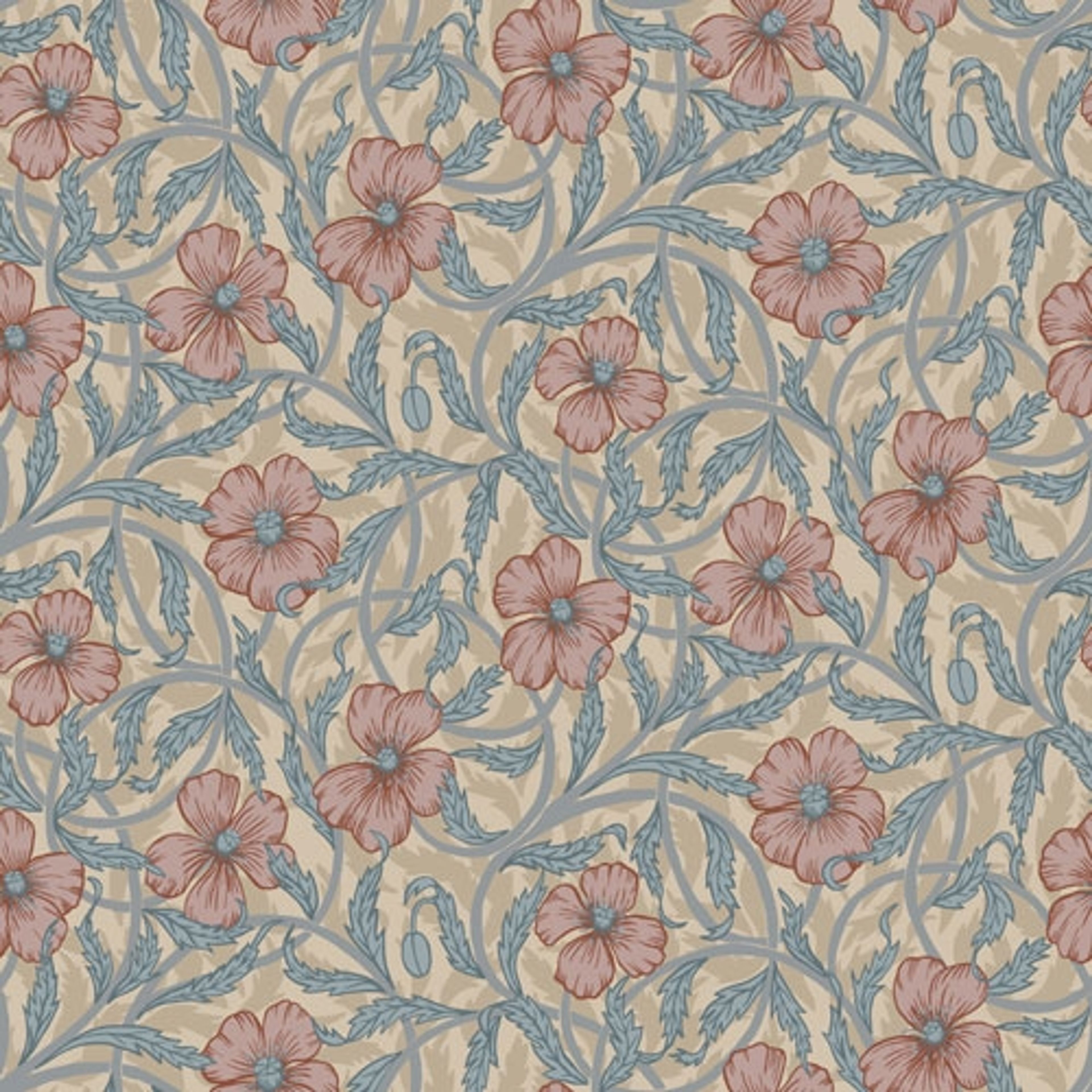 Poppy storblommig, ljusblå och rosa tapet från Midbec med blommigt mönster i blå. Från kollektionen Lyckebo. Nonwoven-material med rak passning.