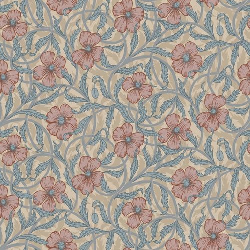 Poppy storblommig, ljusblå och rosa tapet från Midbec med blommigt mönster i blå. Från kollektionen Lyckebo. Nonwoven-material med rak passning.