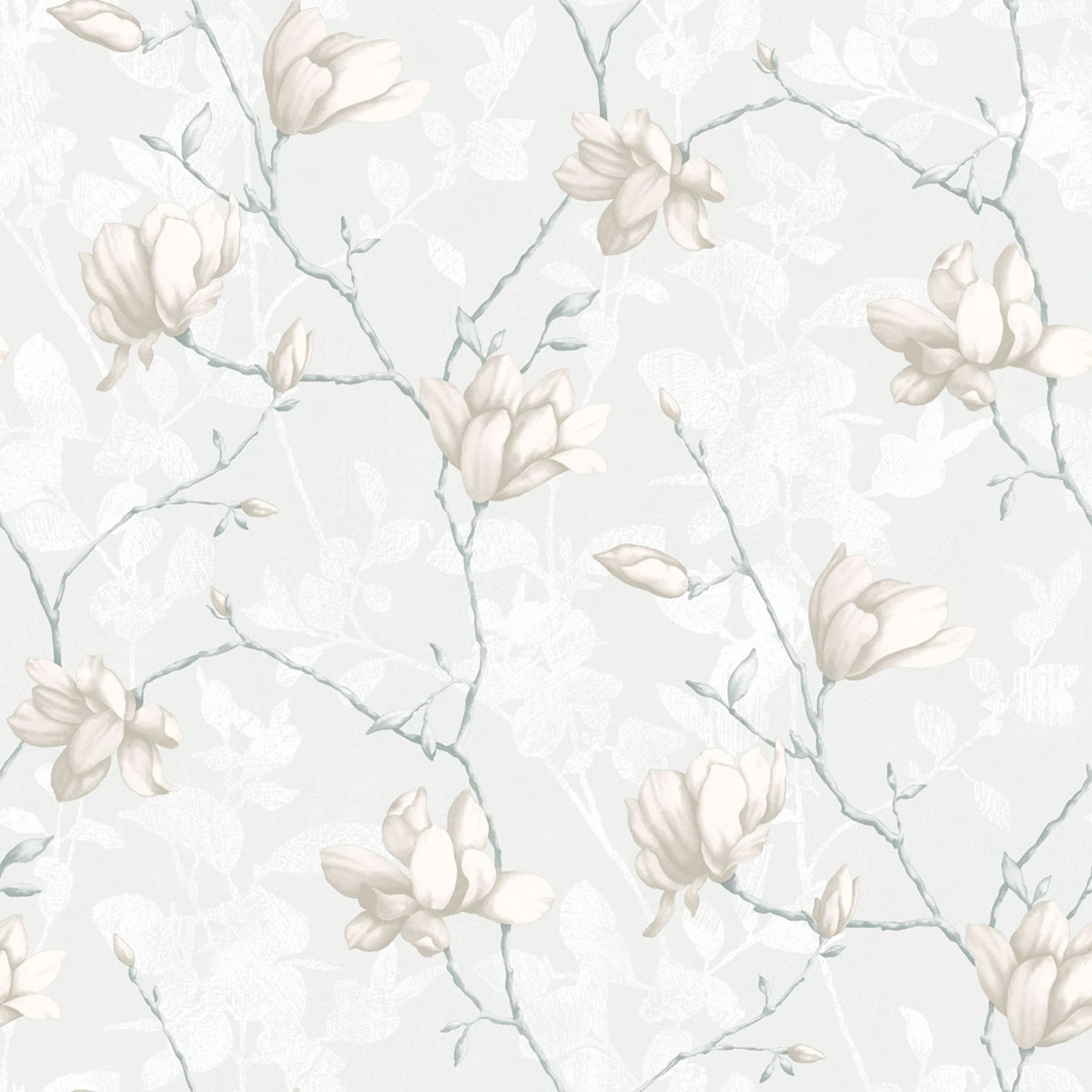 Lily Tree, vit tapet från Boråstapeter med blommigt mönster i vit och silver. Från kollektionen In Bloom. Nonwoven-material med rak passning. Country, city-stil. Passar i vardagsrum, sovrum och hall.