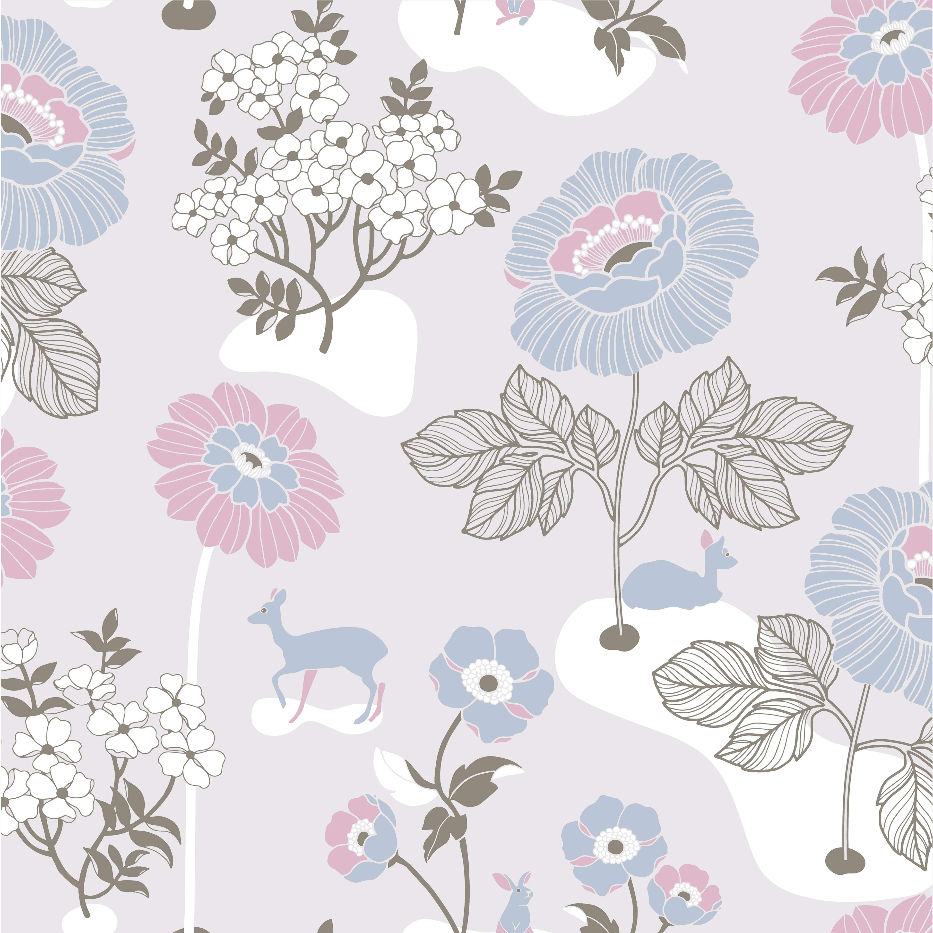 Blomsteräng, ljusgrå tapet från duro med blommigt mönster i rosa, grå och blå. Från kollektionen Duro 1900. Nonwoven-material med förskjuten mönsterpassning.