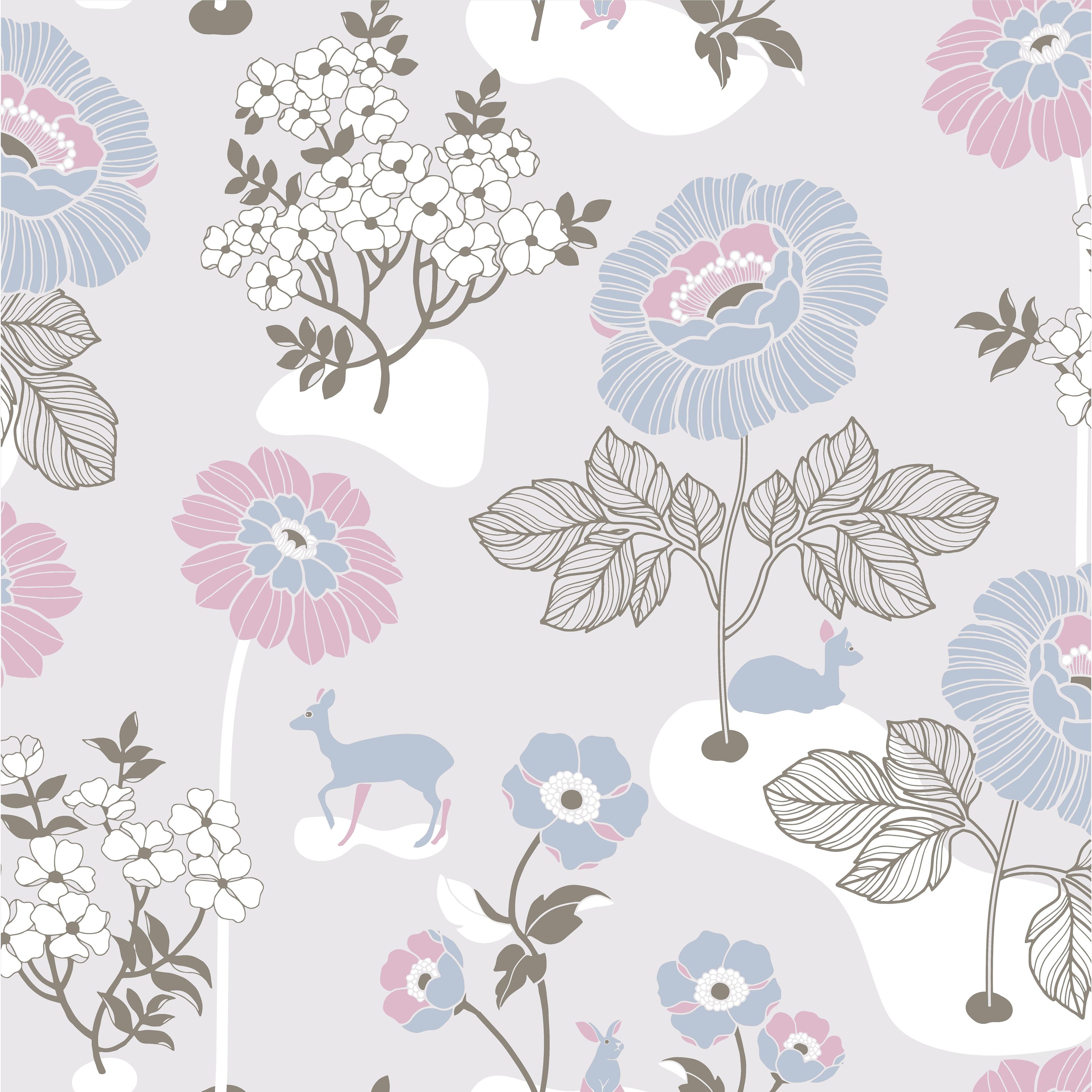 Blomsteräng, ljusgrå tapet från duro med blommigt mönster i rosa, grå och blå. Från kollektionen Duro 1900. Nonwoven-material med förskjuten mönsterpassning.