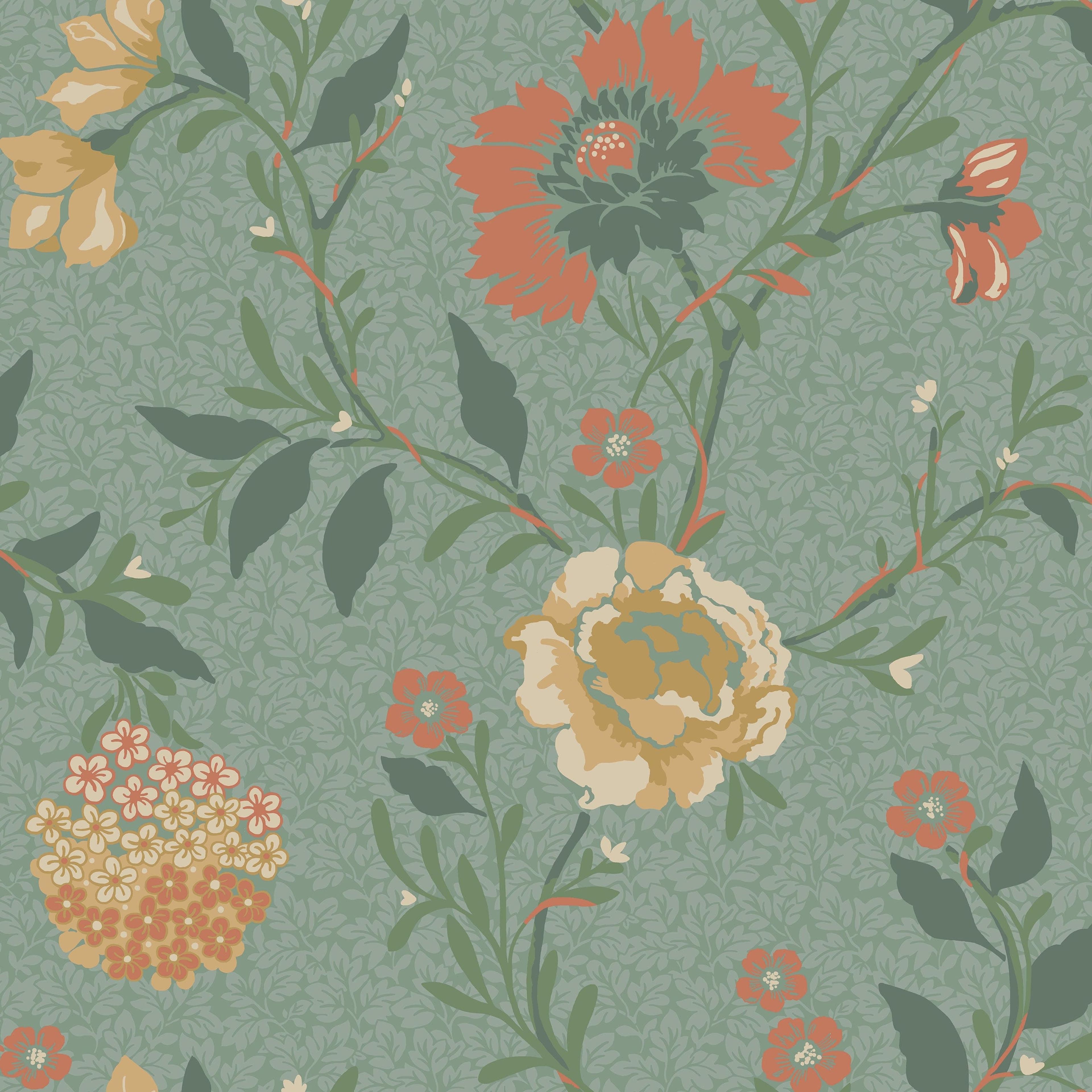 Vildros, grön tapet med blommigt mönster i grön. Från kollektionen Blommor & Blad. Nonwoven-material med förskjuten passning. Country-stil.