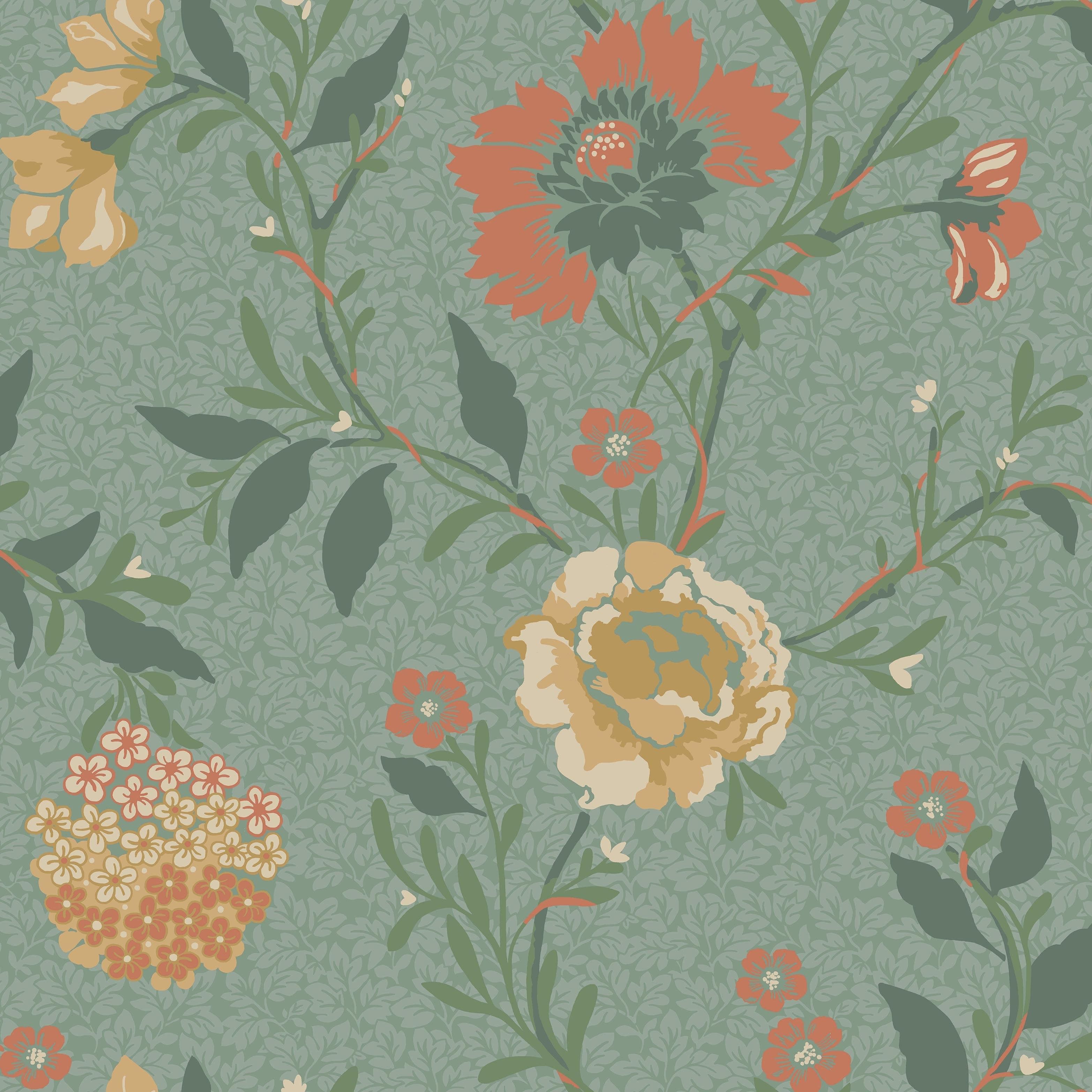 Vildros, grön tapet med blommigt mönster i grön. Från kollektionen Blommor & Blad. Nonwoven-material med förskjuten passning. Country-stil.