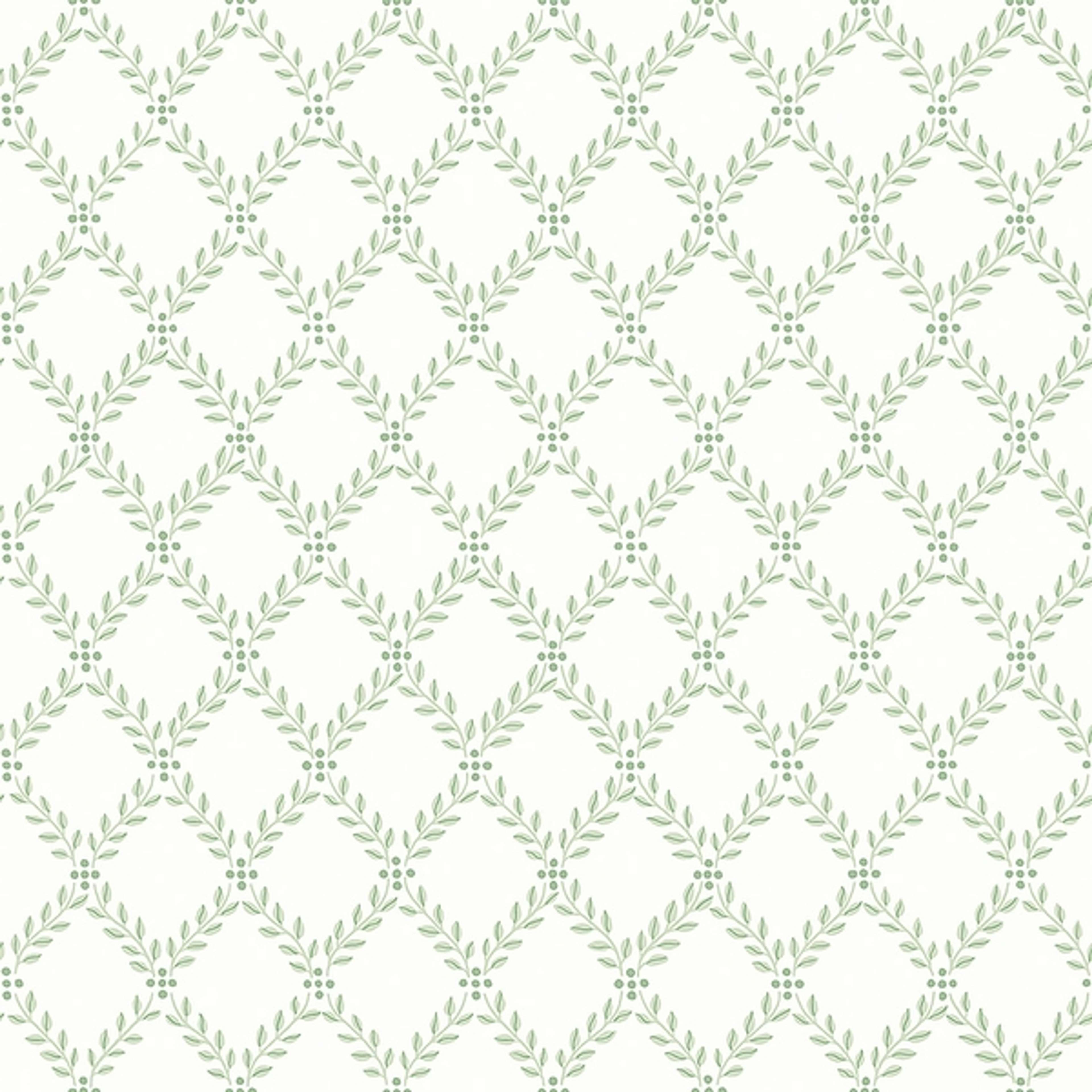 Trellis Leaves, vit/grön tapet från Boråstapeter med rutigt, geometriskt, trellis mönster i grön. Från kollektionen Falsterbo III. Nonwoven-material med rak passning.