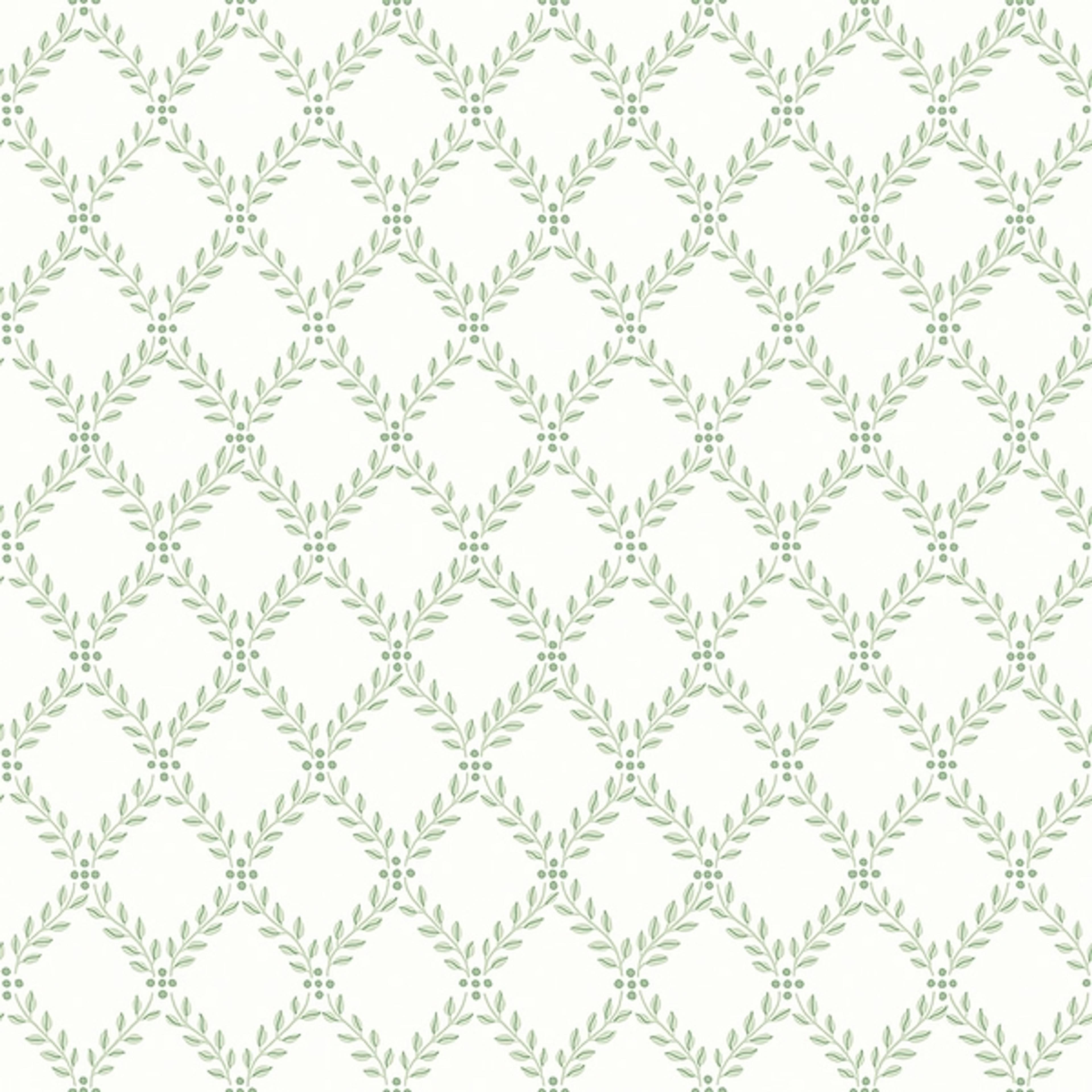 Trellis Leaves, vit/grön tapet från Boråstapeter med rutigt, geometriskt, trellis mönster i grön. Från kollektionen Falsterbo III. Nonwoven-material med rak passning.