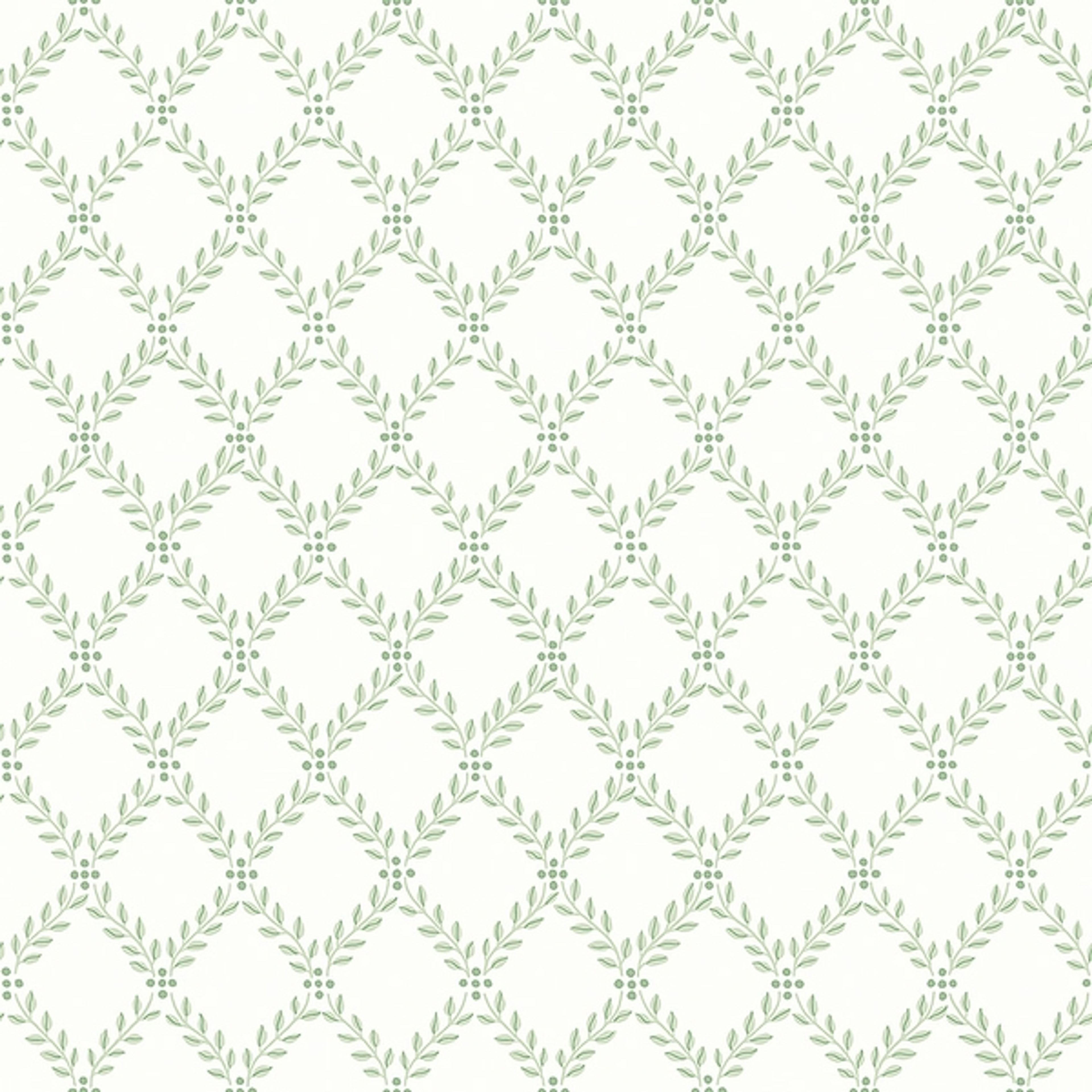 Trellis Leaves, vit/grön tapet från Boråstapeter med rutigt, geometriskt, trellis mönster i grön. Från kollektionen Falsterbo III. Nonwoven-material med rak passning.