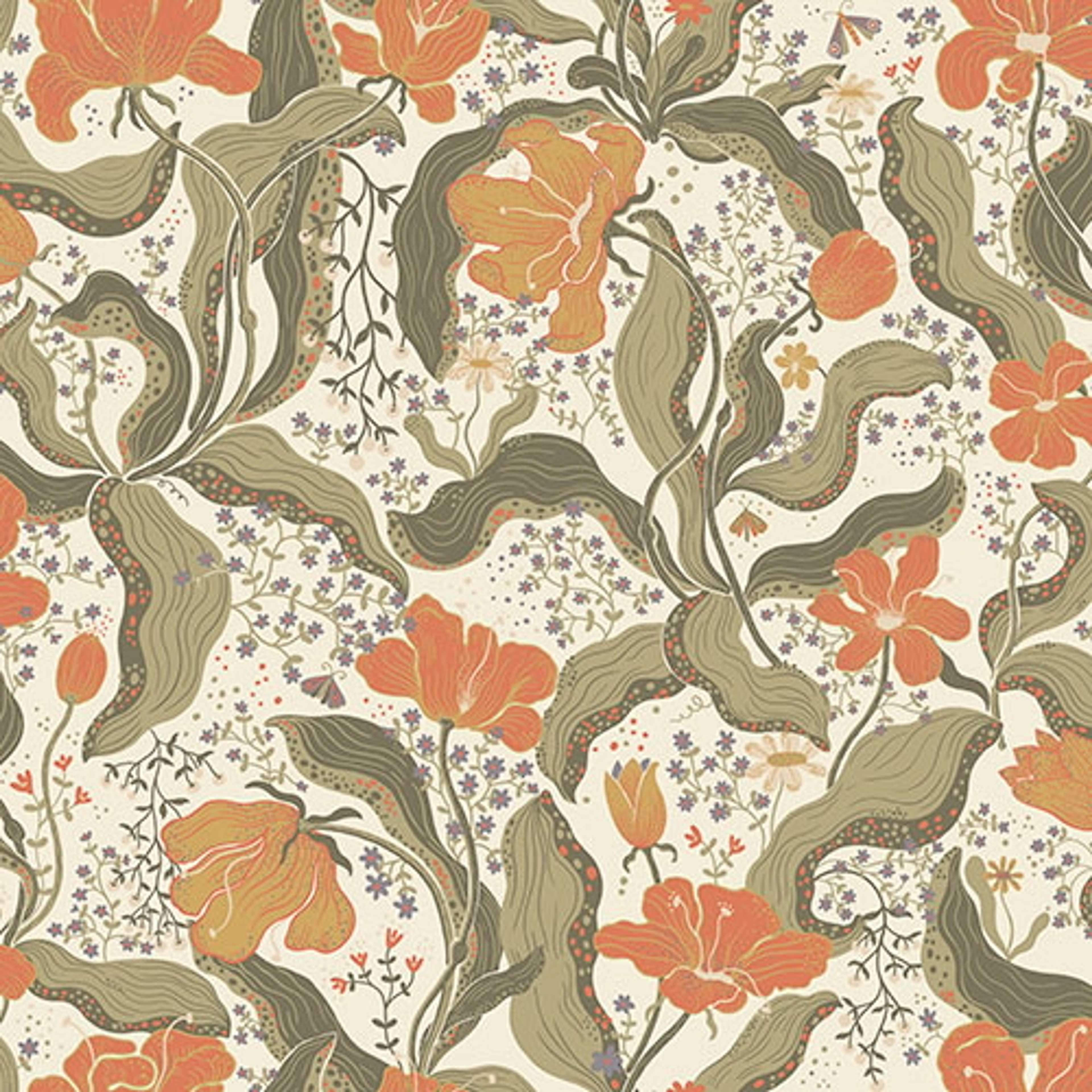 Bodri blommor och blad i grönt och orange tapet med blommigt mönster i grön och orange. Från kollektionen Lina 2. Nonwoven-material med förskjuten passning.