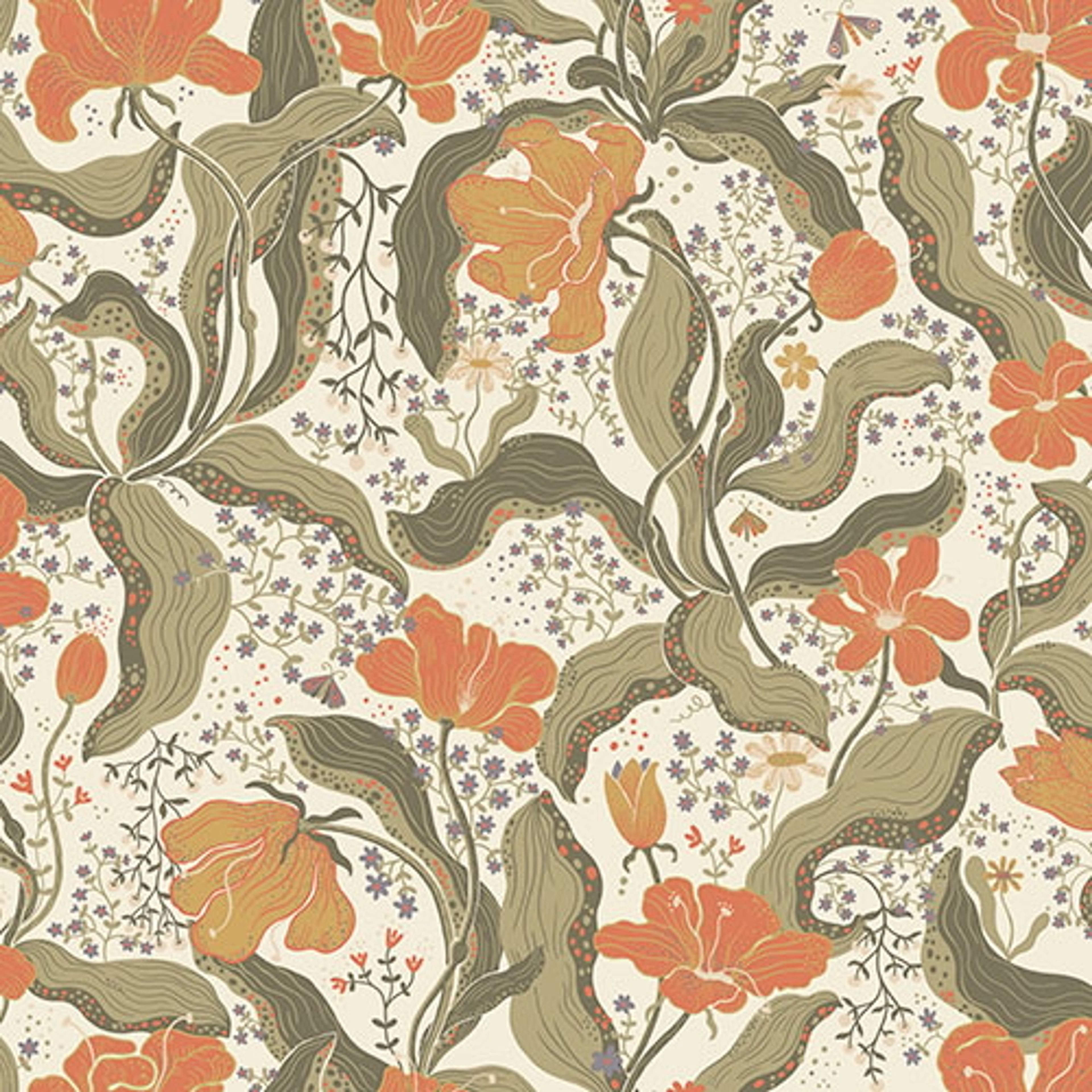 Bodri blommor och blad i grönt och orange tapet med blommigt mönster i grön och orange. Från kollektionen Lina 2. Nonwoven-material med förskjuten passning.