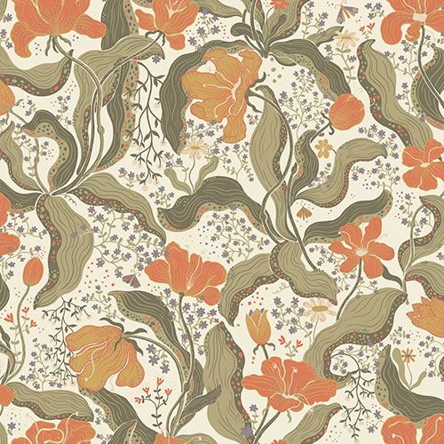 Bodri blommor och blad i grönt och orange tapet med blommigt mönster i grön och orange. Från kollektionen Lina 2. Nonwoven-material med förskjuten passning.