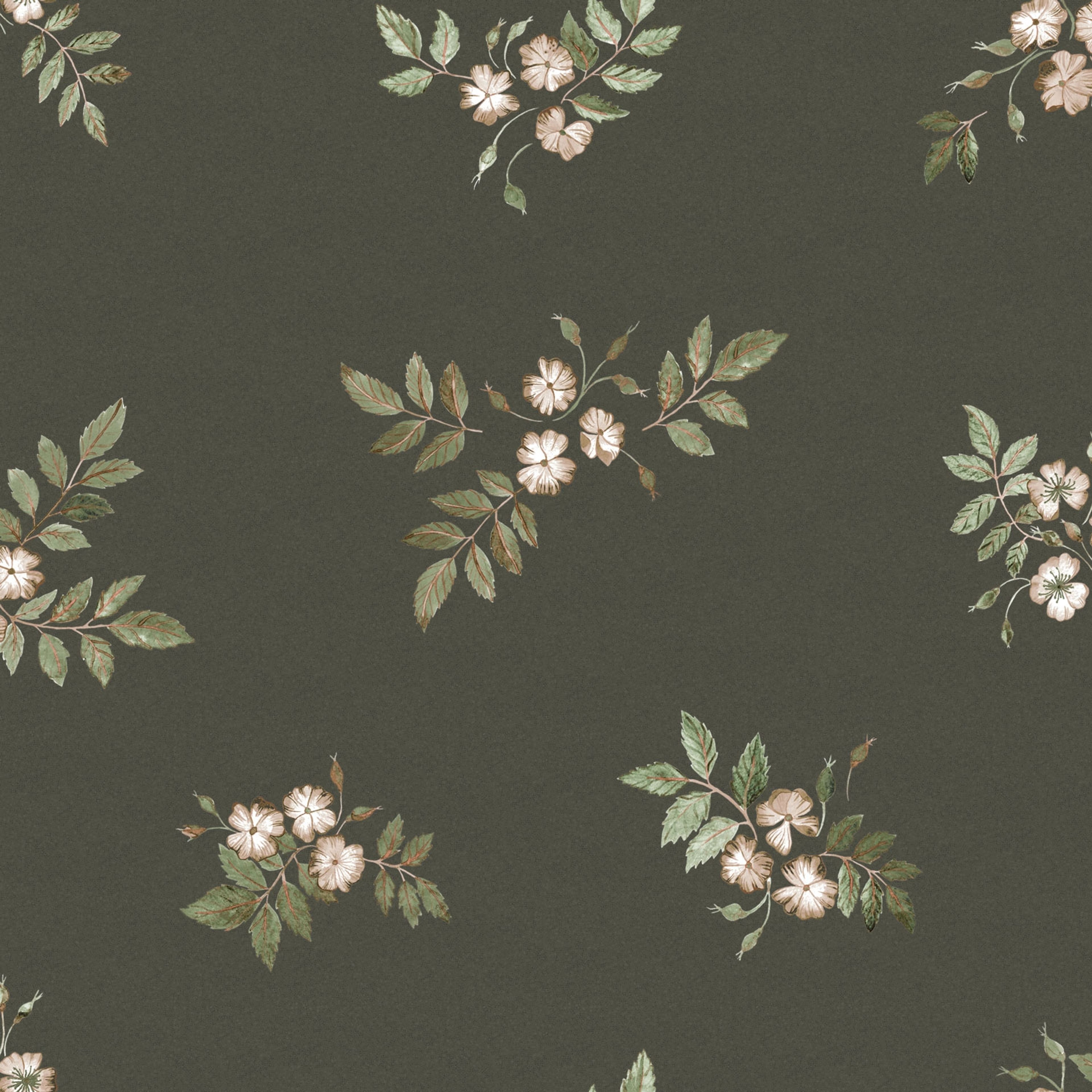Nyponros tapet med blommigt mönster i svart. Från kollektionen Rosenlycka. Nonwoven-material med förskjuten passning. Passar i vardagsrum, sovrum och matsal.