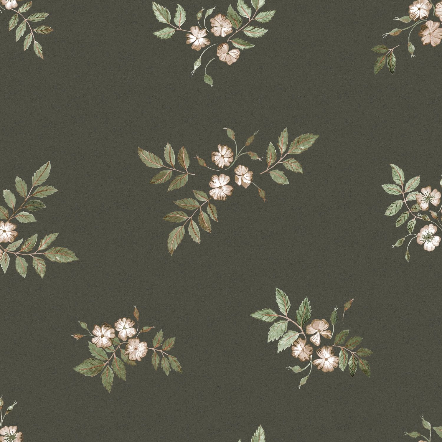 Nyponros tapet med blommigt mönster i svart. Från kollektionen Rosenlycka. Nonwoven-material med förskjuten passning. Passar i vardagsrum, sovrum och matsal.