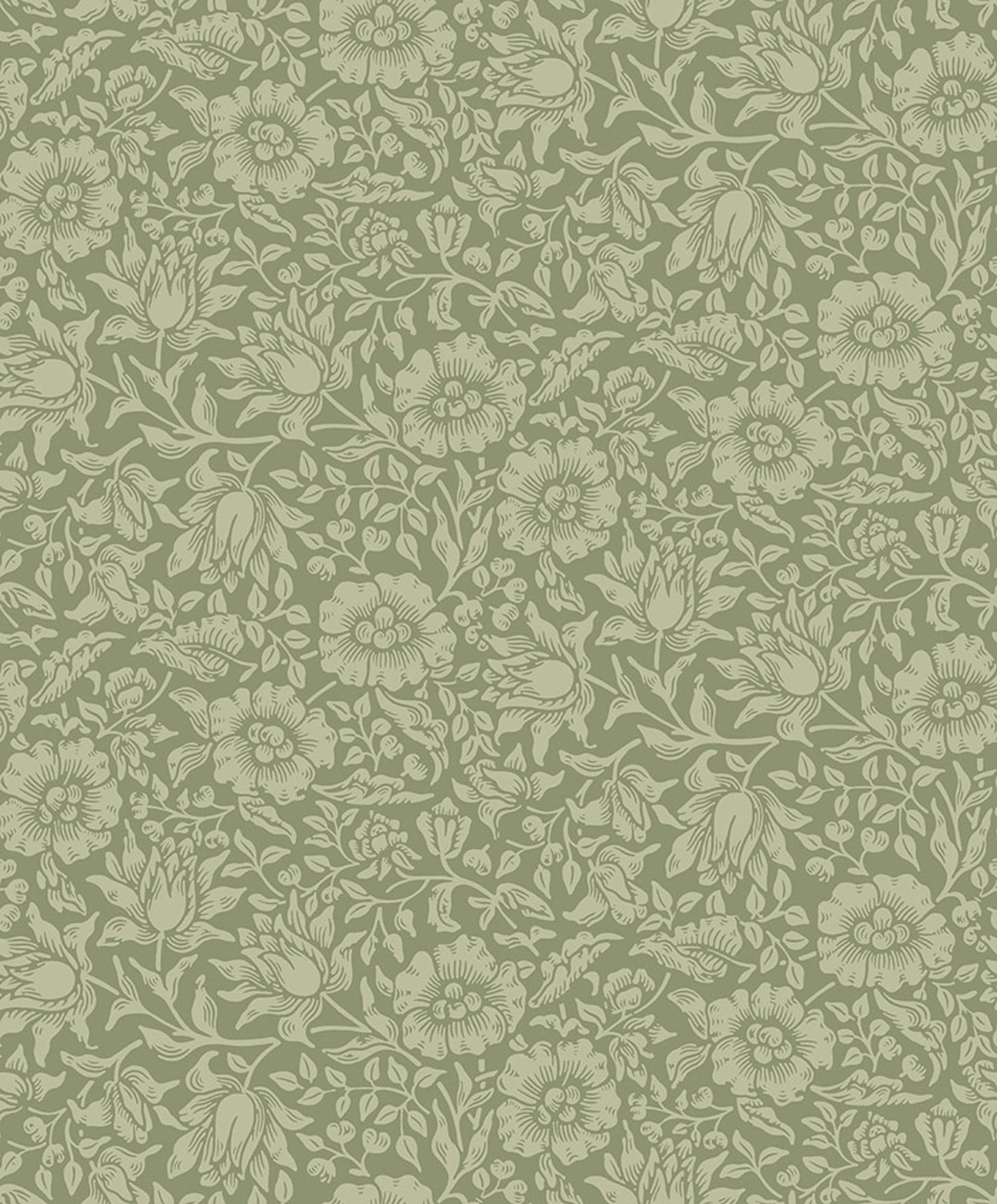 Mallow, grön tapet tapet från Midbec med botaniskt, blommigt mönster i grön. Från kollektionen Hidden Treasures vol 1. Nonwoven-material med rak passning.