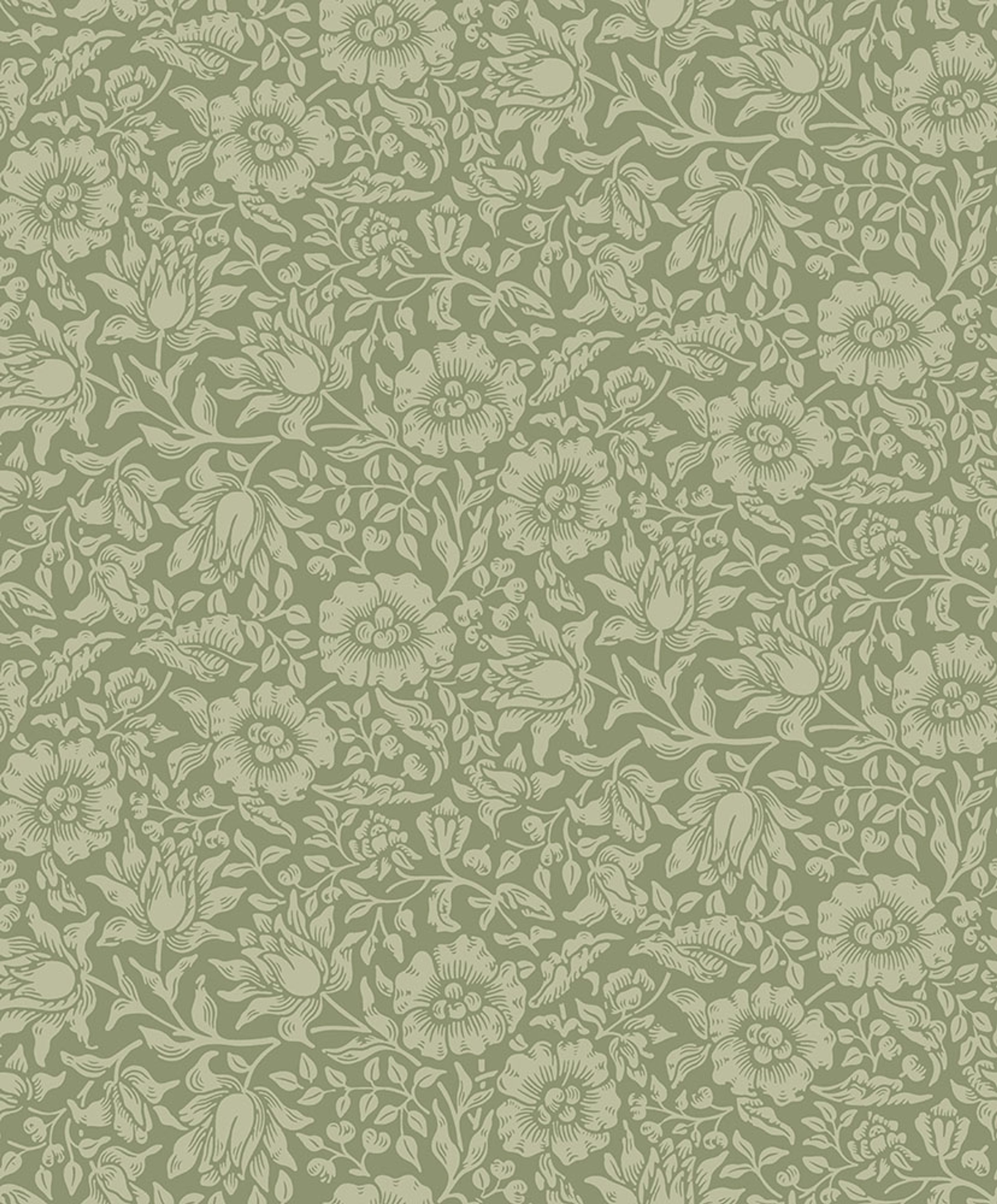 Mallow, grön tapet tapet från Midbec med botaniskt, blommigt mönster i grön. Från kollektionen Hidden Treasures vol 1. Nonwoven-material med rak passning.