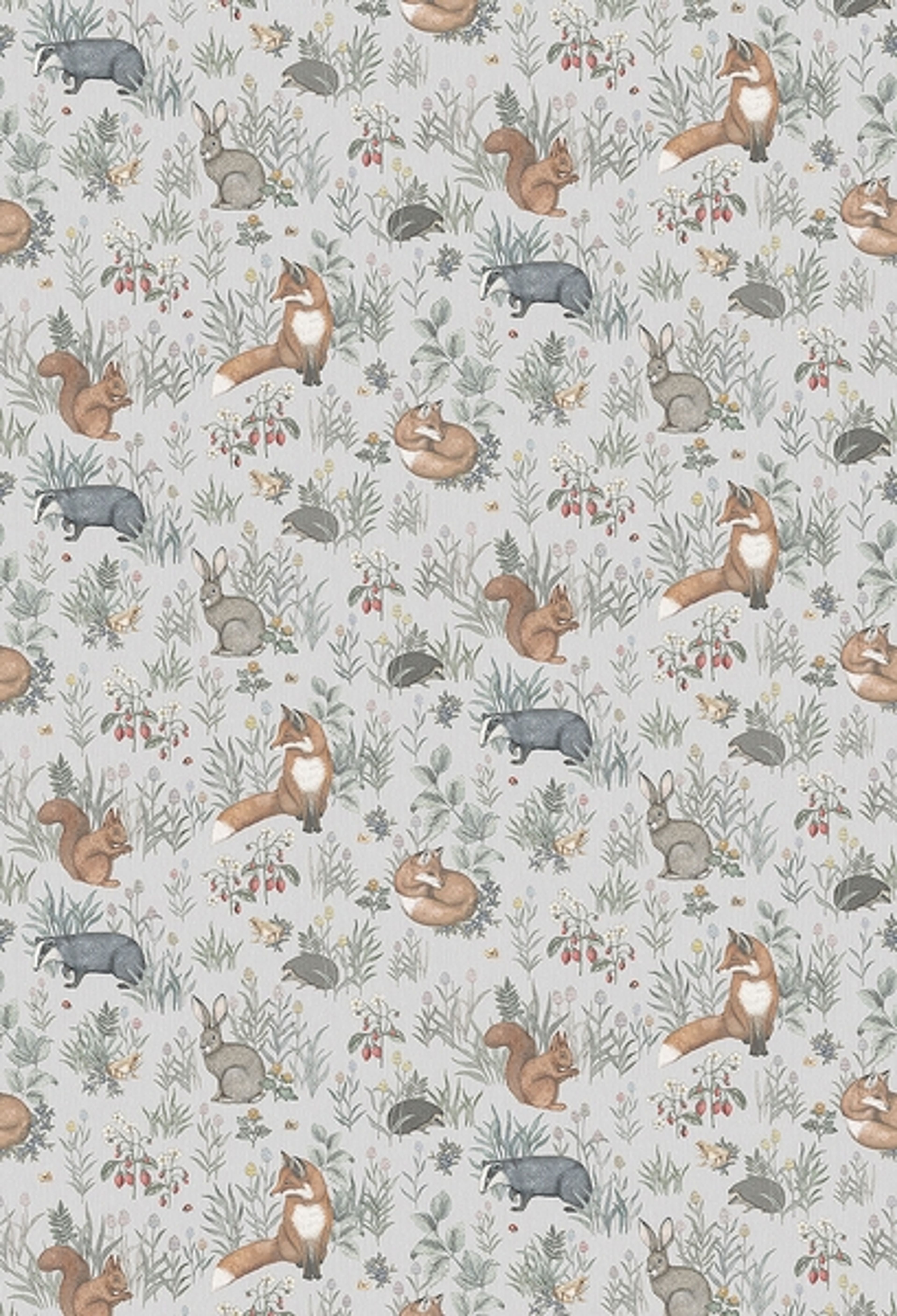 Forest Friends mural, grå tapet från Boråstapeter med lekfullt mönster i grå. Från kollektionen Newbie Wallpaper. Nonwoven-material med rak passning. Passar i barnrum.