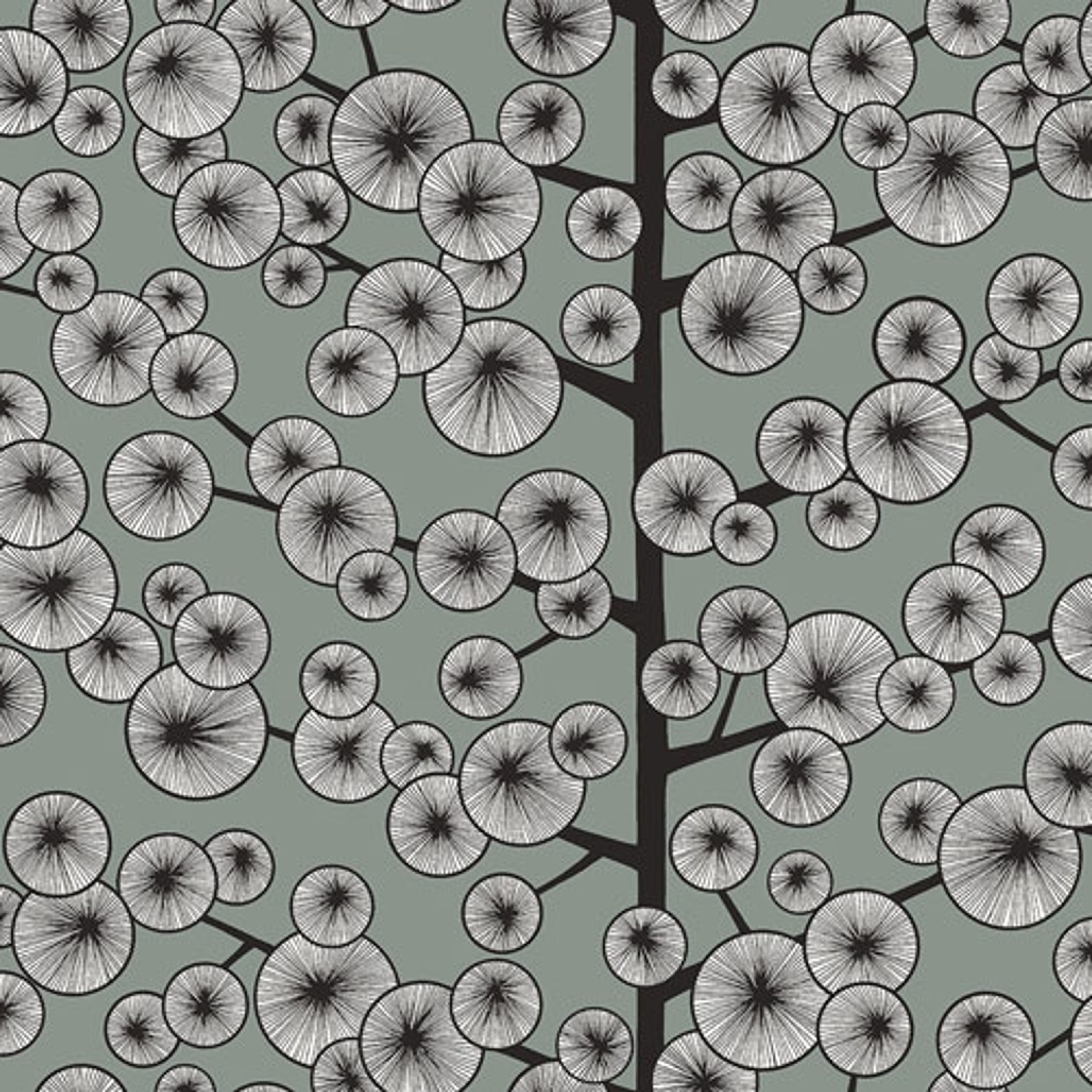 Cotton Tree Silvertown tapet från Midbec med botaniskt, retro mönster i grå. Från kollektionen Kinfolk. Nonwoven-material med förskjuten passning.